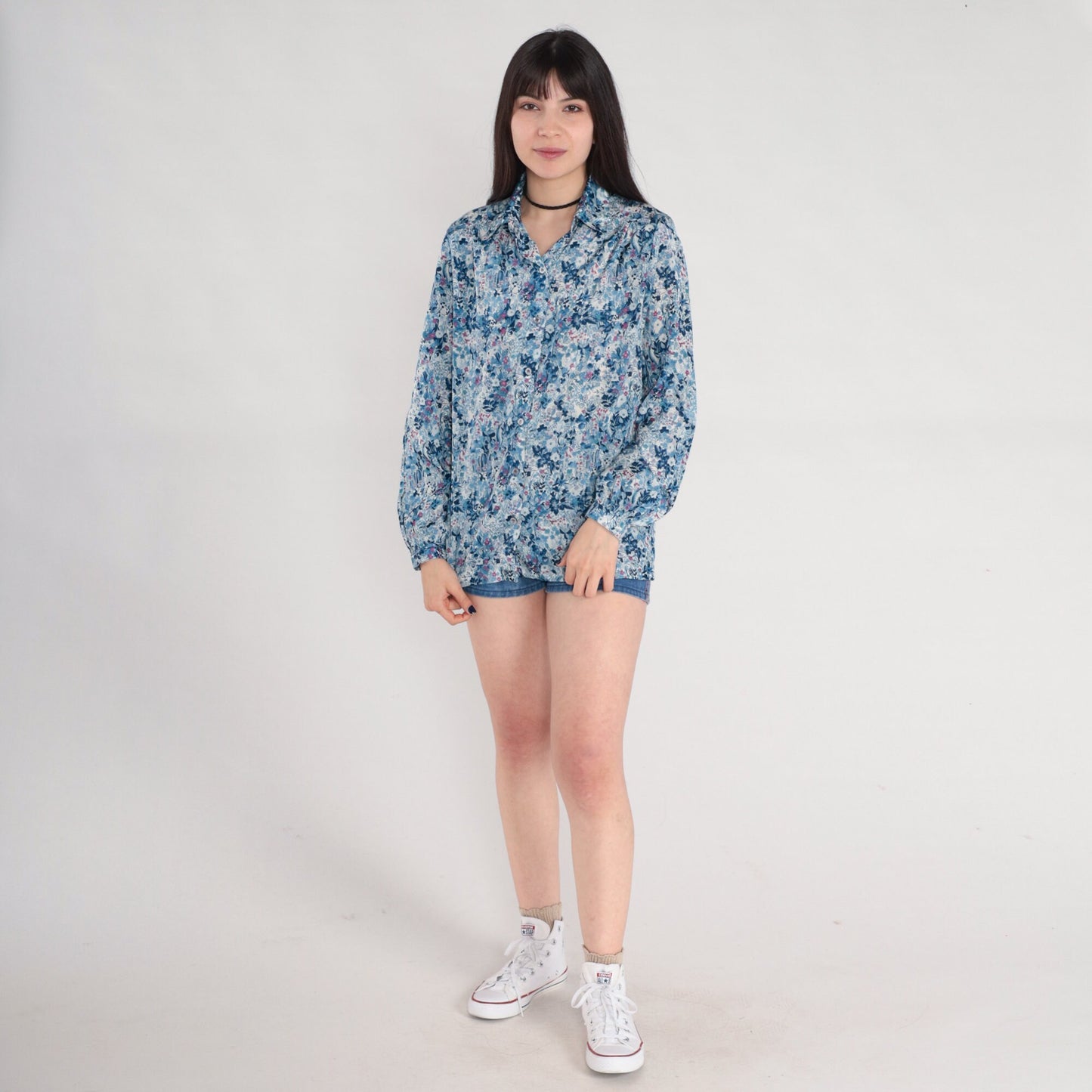 70s Blue Floral Button-Up Blouse Long Sleeve Collared Shirt Medium M