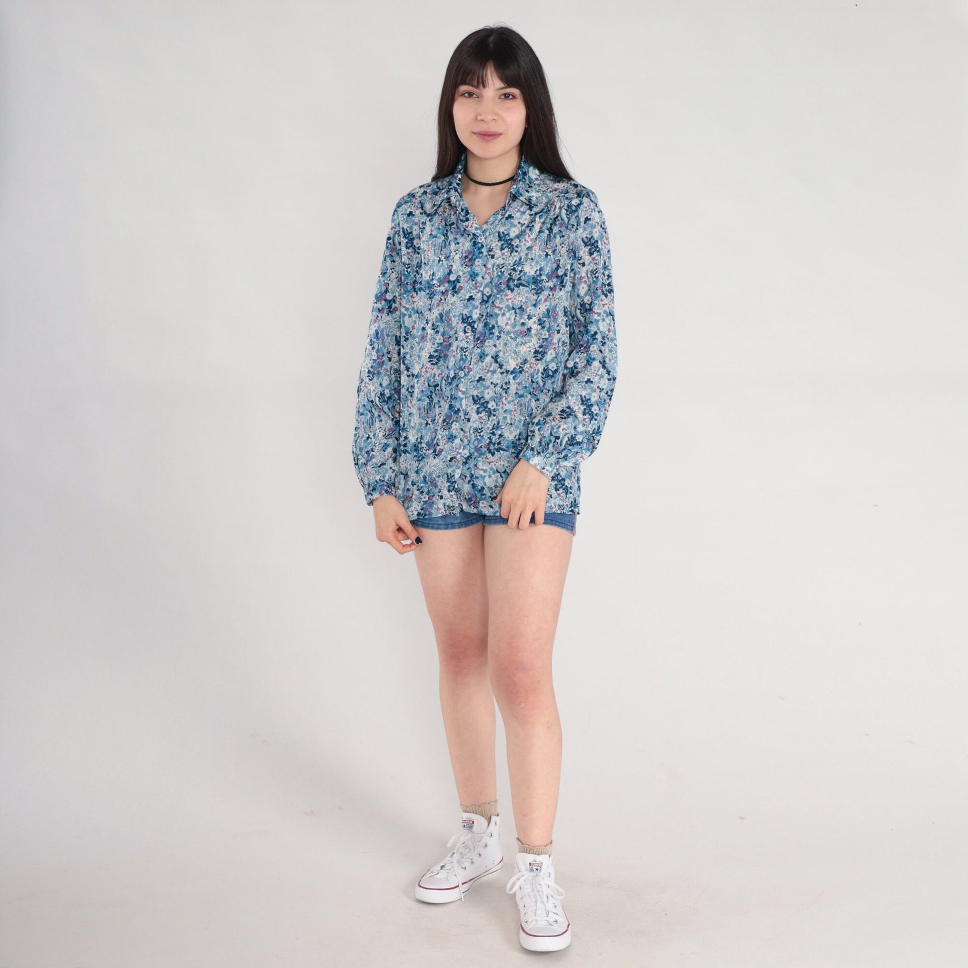70s Blue Floral Button-Up Blouse Long Sleeve Collared Shirt Medium M