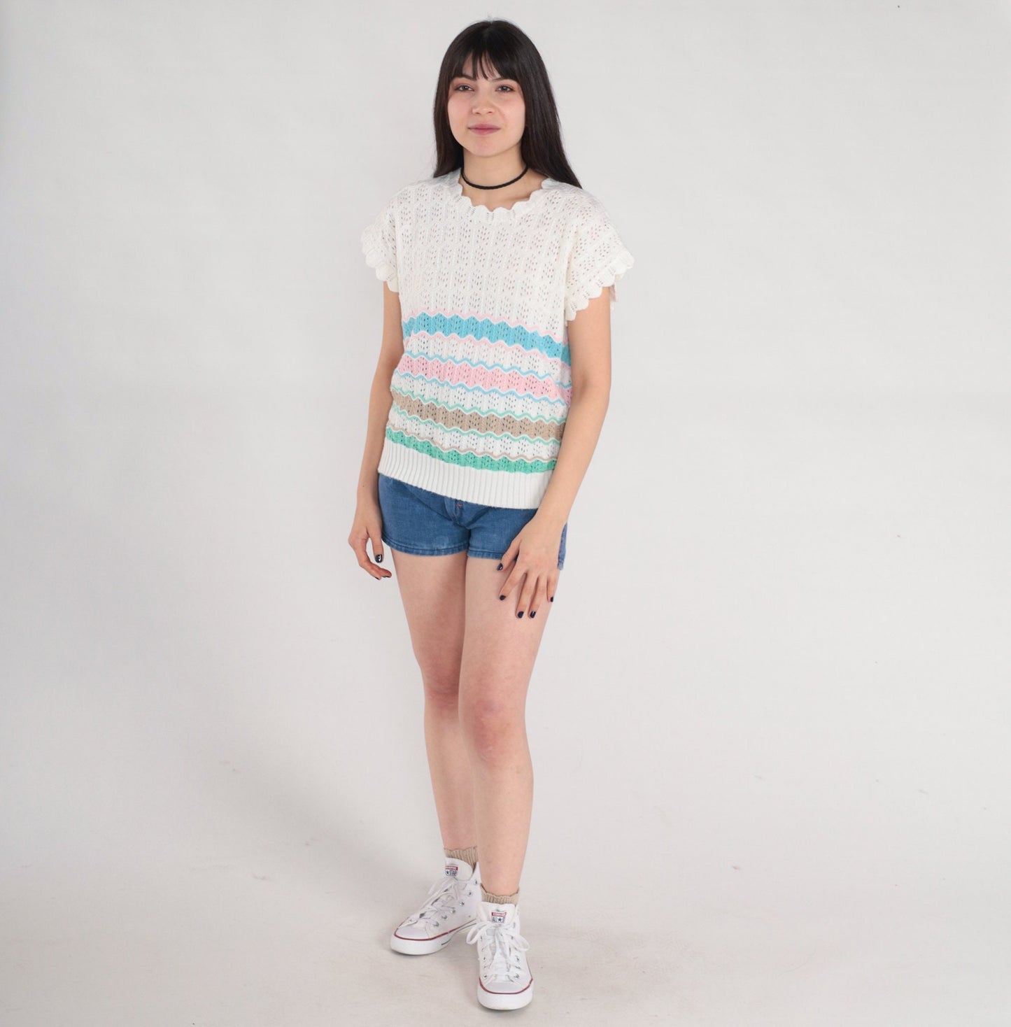80s White Striped Open Weave Knit Top Scalloped Short Sleeve Medium