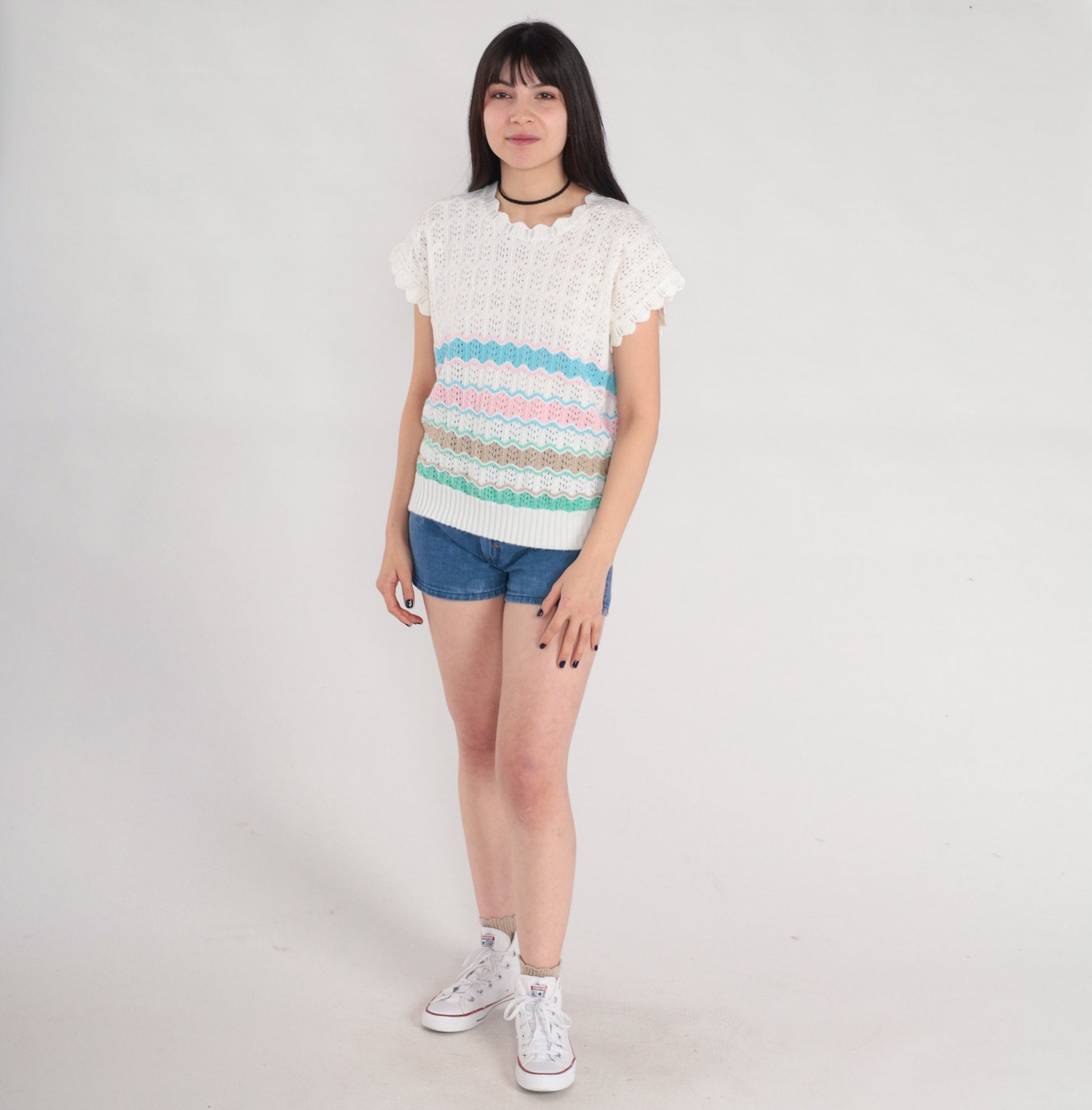 80s White Striped Open Weave Knit Top Scalloped Short Sleeve Medium