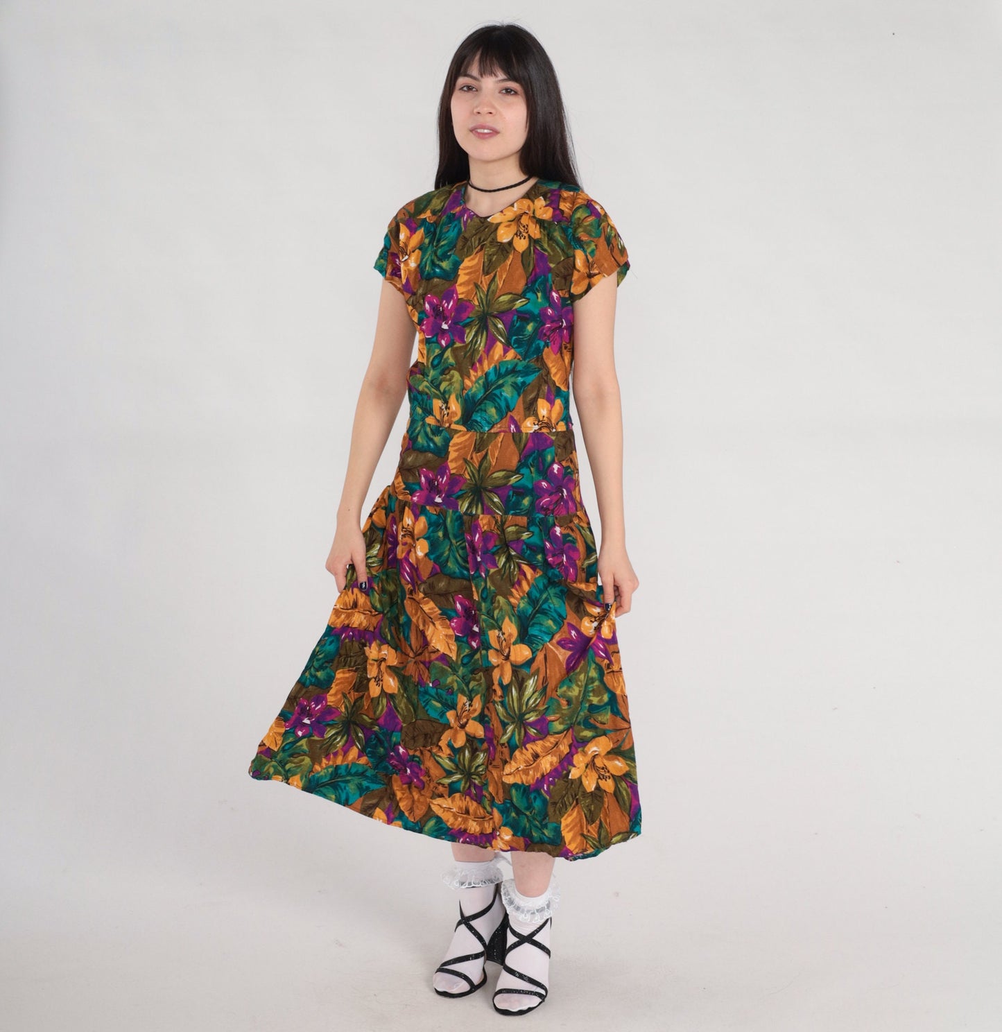 90s Tropical Floral Midi Dress Keyhole Back Short Sleeve Purple Green Yellow Medium 8