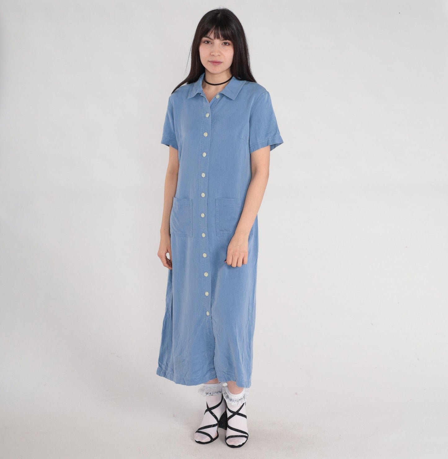 Y2K Talbots Blue Tencel Midi Shirt Dress Button-Up Pockets Medium 8