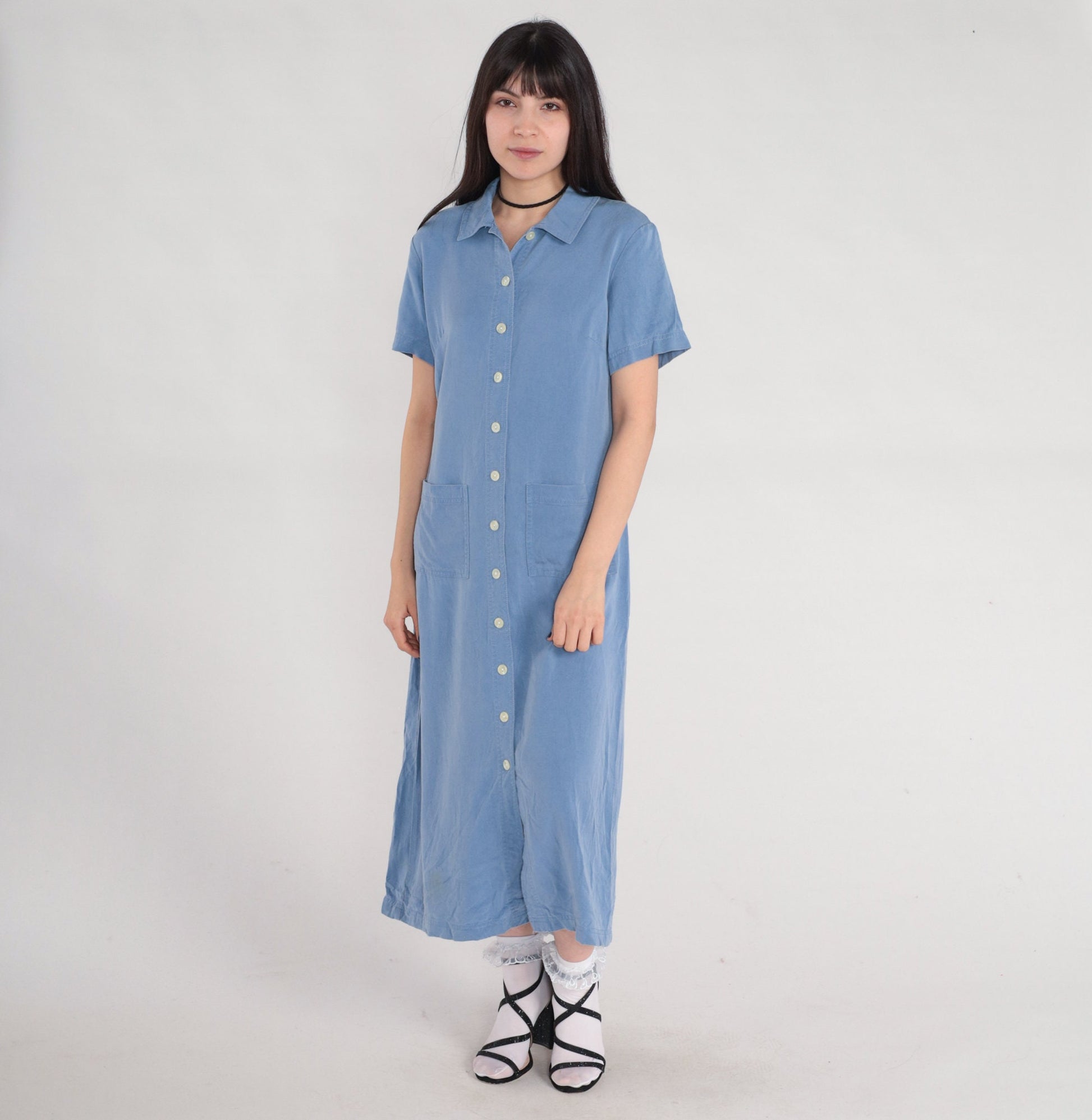 Y2K Talbots Blue Tencel Midi Shirt Dress Button-Up Pockets Medium 8