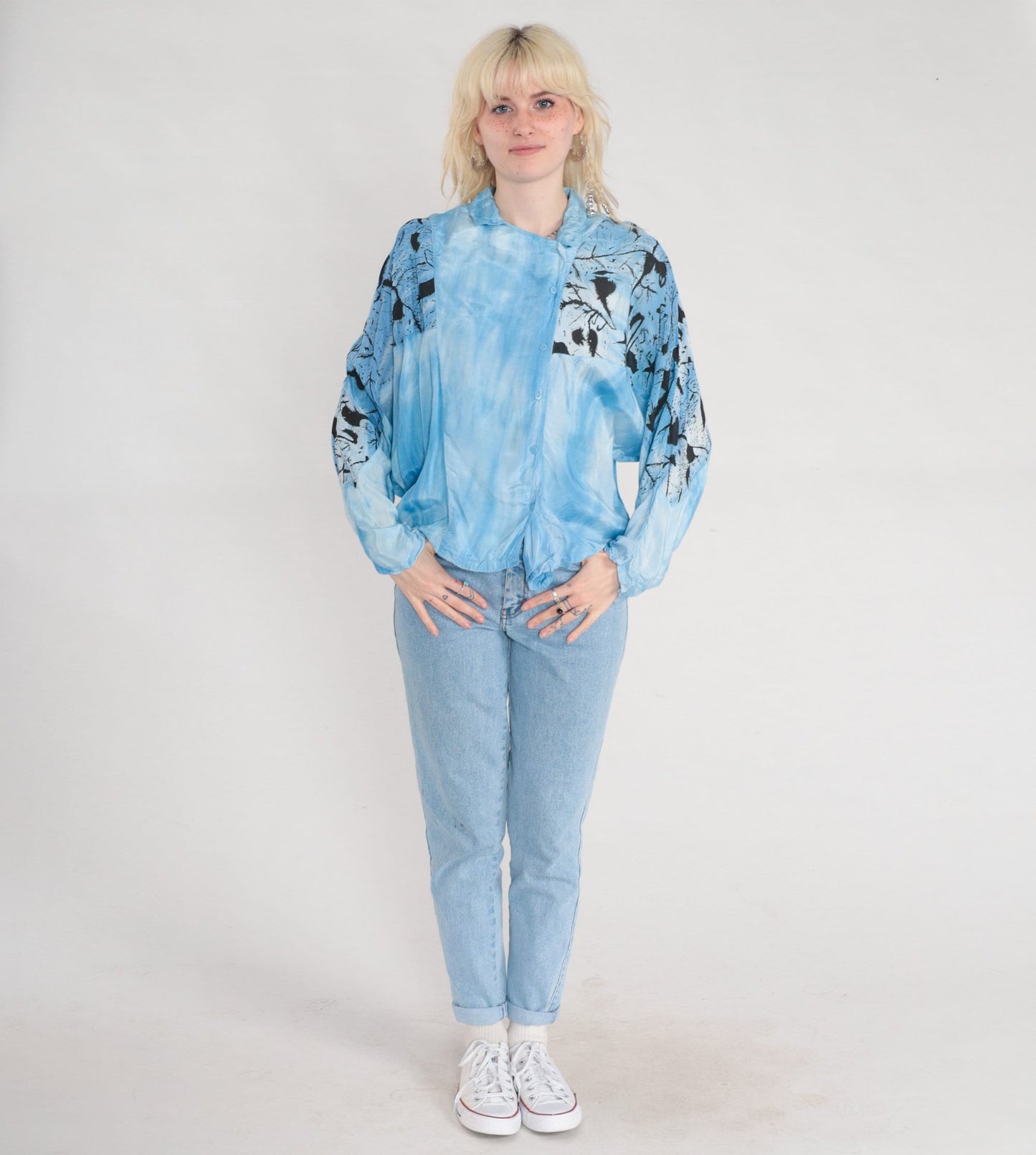 90s Blue Tie Dye Abstract Print Blouse Asymmetrical Dolman Sleeve Large