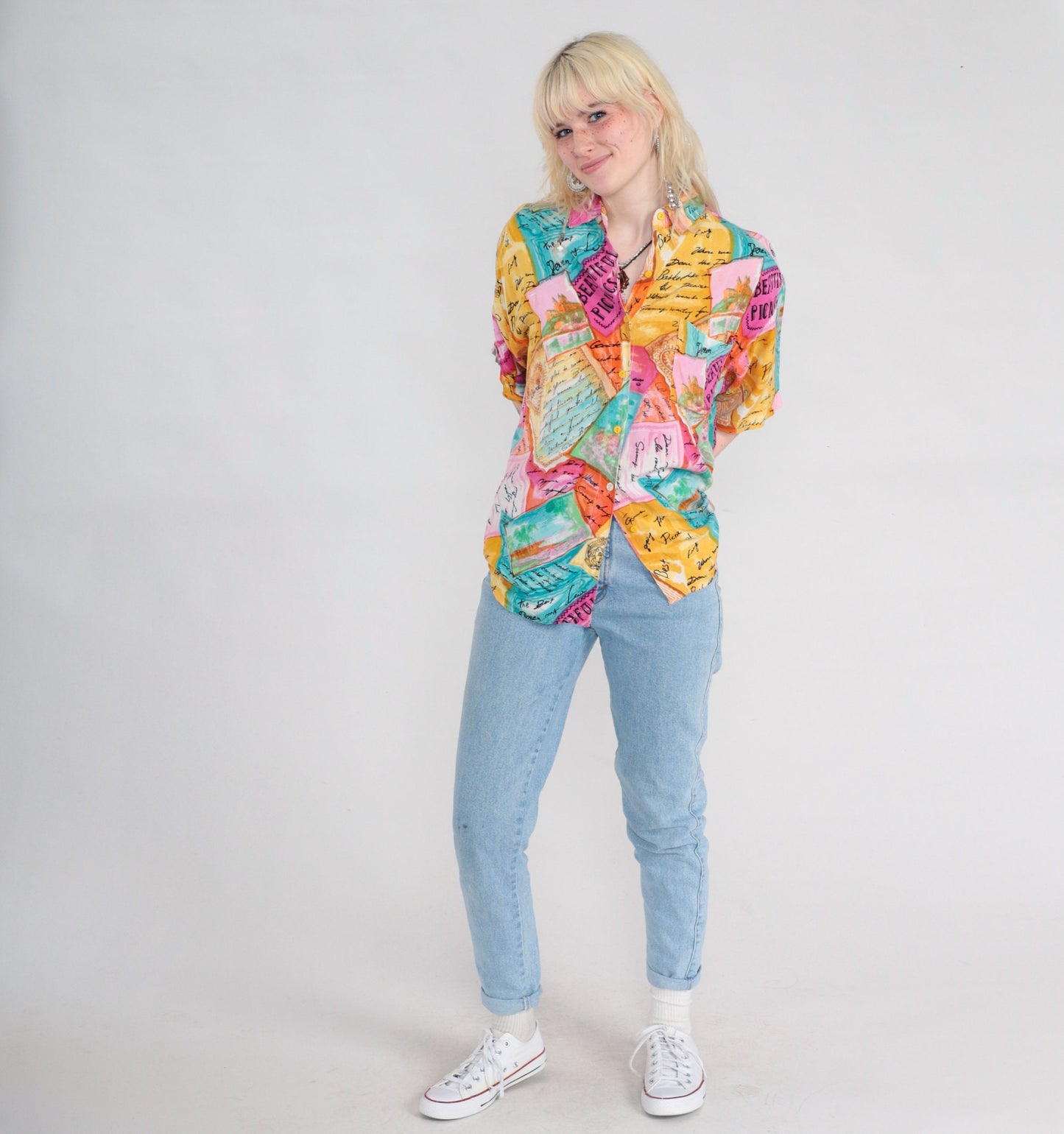 90s Postcard Travel Print Button-Up Blouse Tropical Shirt Multicolor Large L