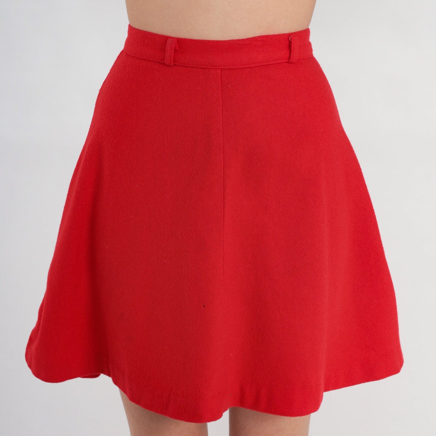 60s Red Wool A-Line Mini Skirt High Waisted Rear Zip XXS