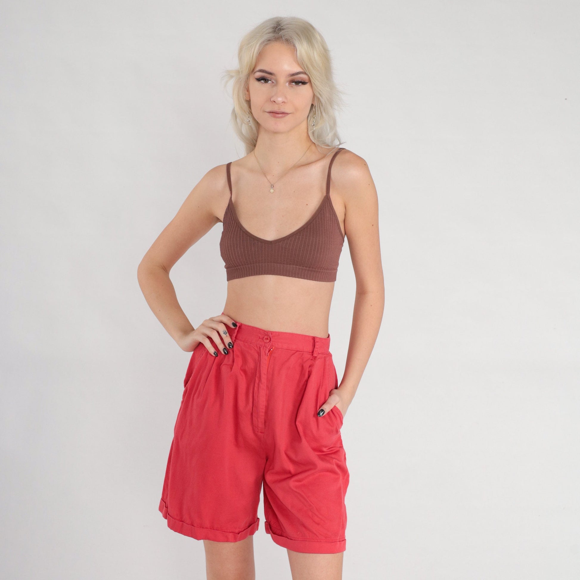 80s Red Pleated High-Waist Shorts Cotton Cuffed Extra Small XS