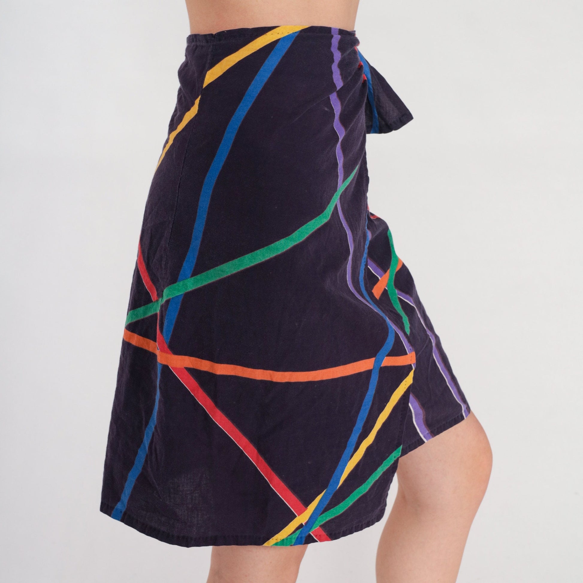 80s Navy Striped Abstract Mini Wrap Skirt Multicolor Small S