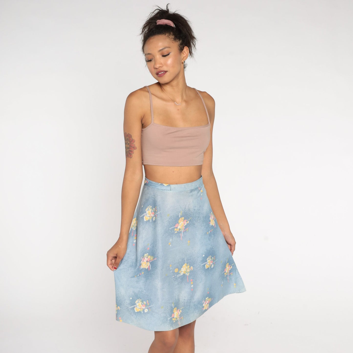 70s Blue Floral Wrap Skirt High Waist Mini Adjustable Belt Small Medium