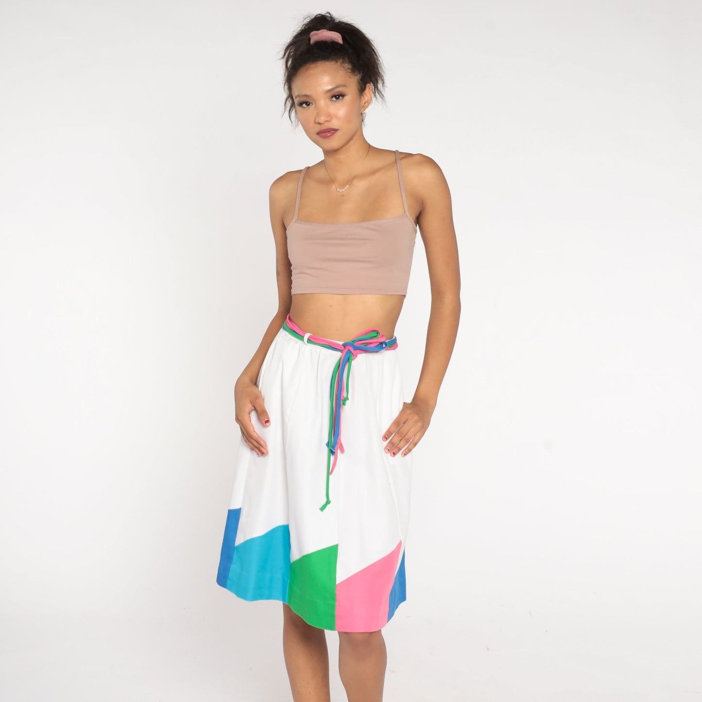 80s Color Block A-Line Skirt White Pink Blue High Waist Belted Pockets Extra Small
