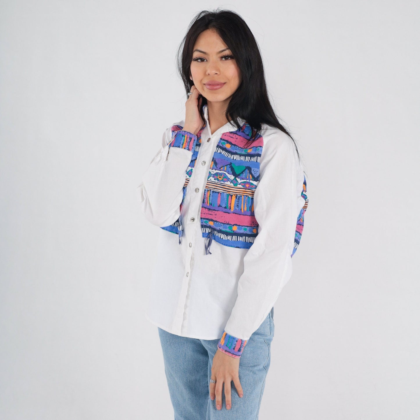 90s Southwestern Button-Up Blouse White Concho Yoke Layered Print Medium