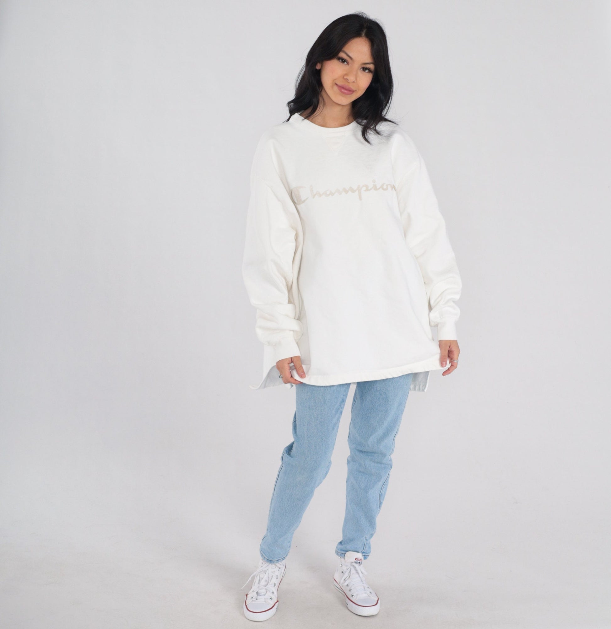 Y2K Champion Logo Long Sleeve T-Shirt White Cotton Graphic Tee Extra Large XXL