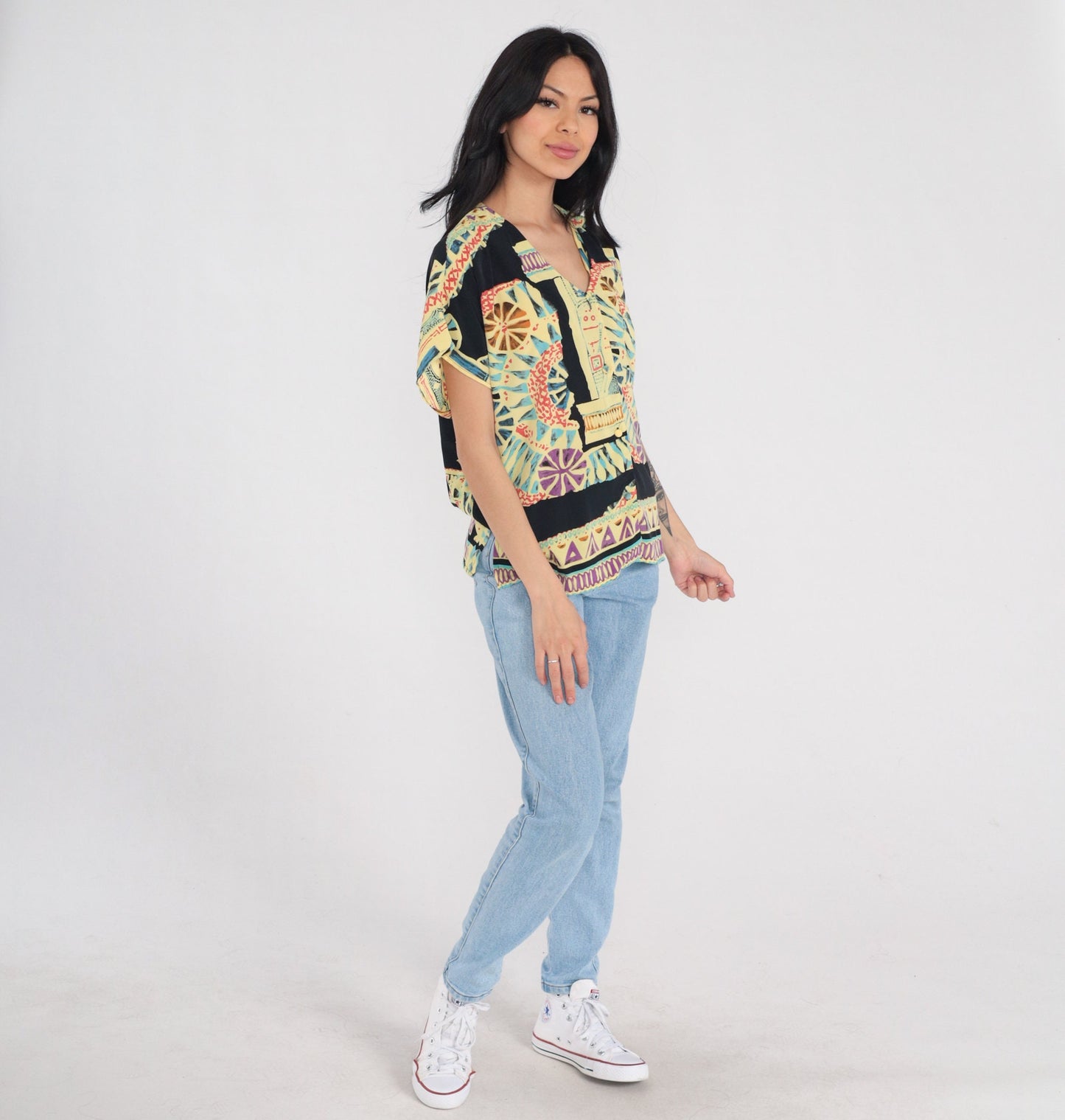 90s Abstract Print Button-Up Blouse Multicolor Short Sleeve Medium M
