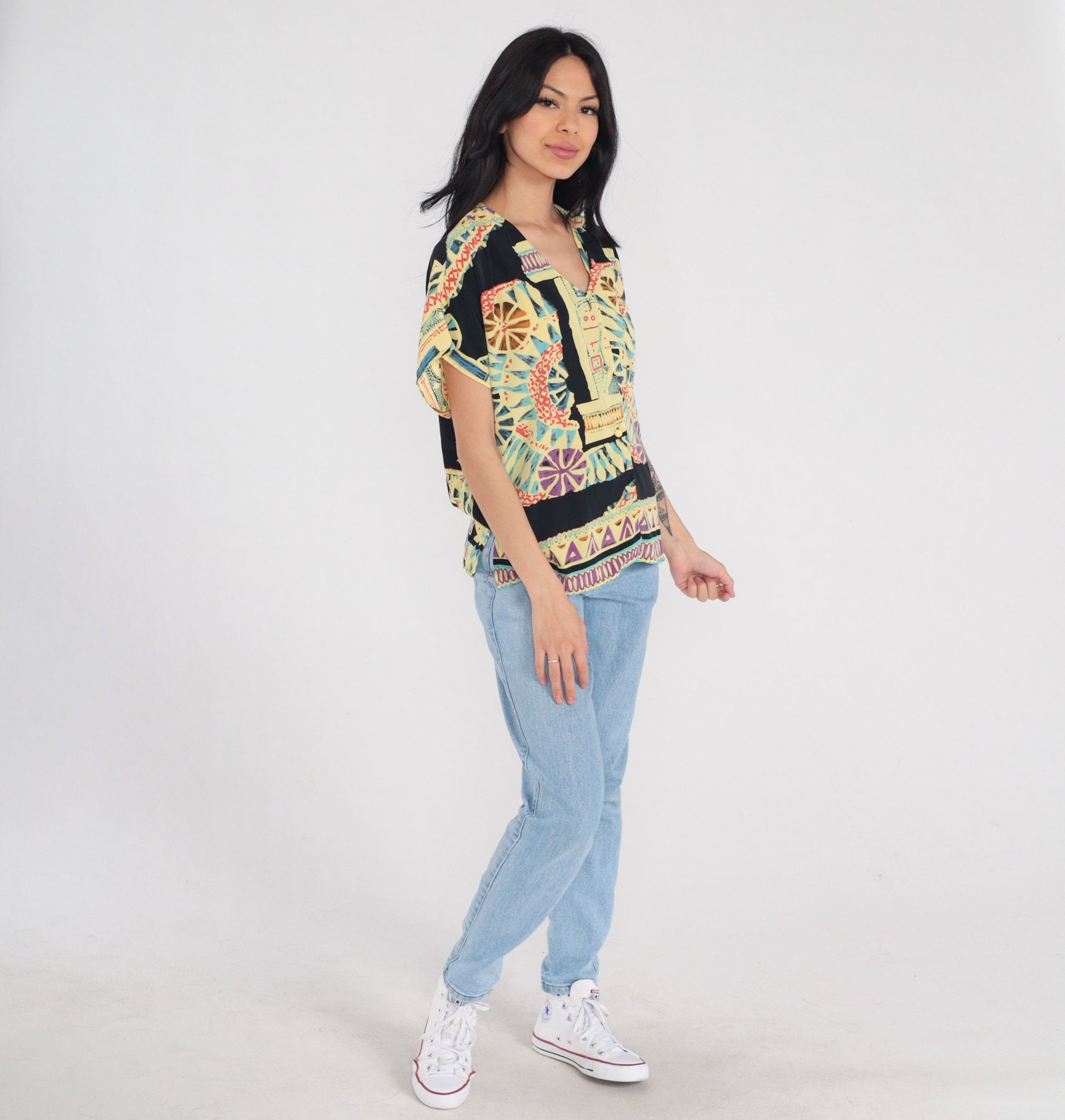 90s Abstract Print Button-Up Blouse Multicolor Short Sleeve Medium M