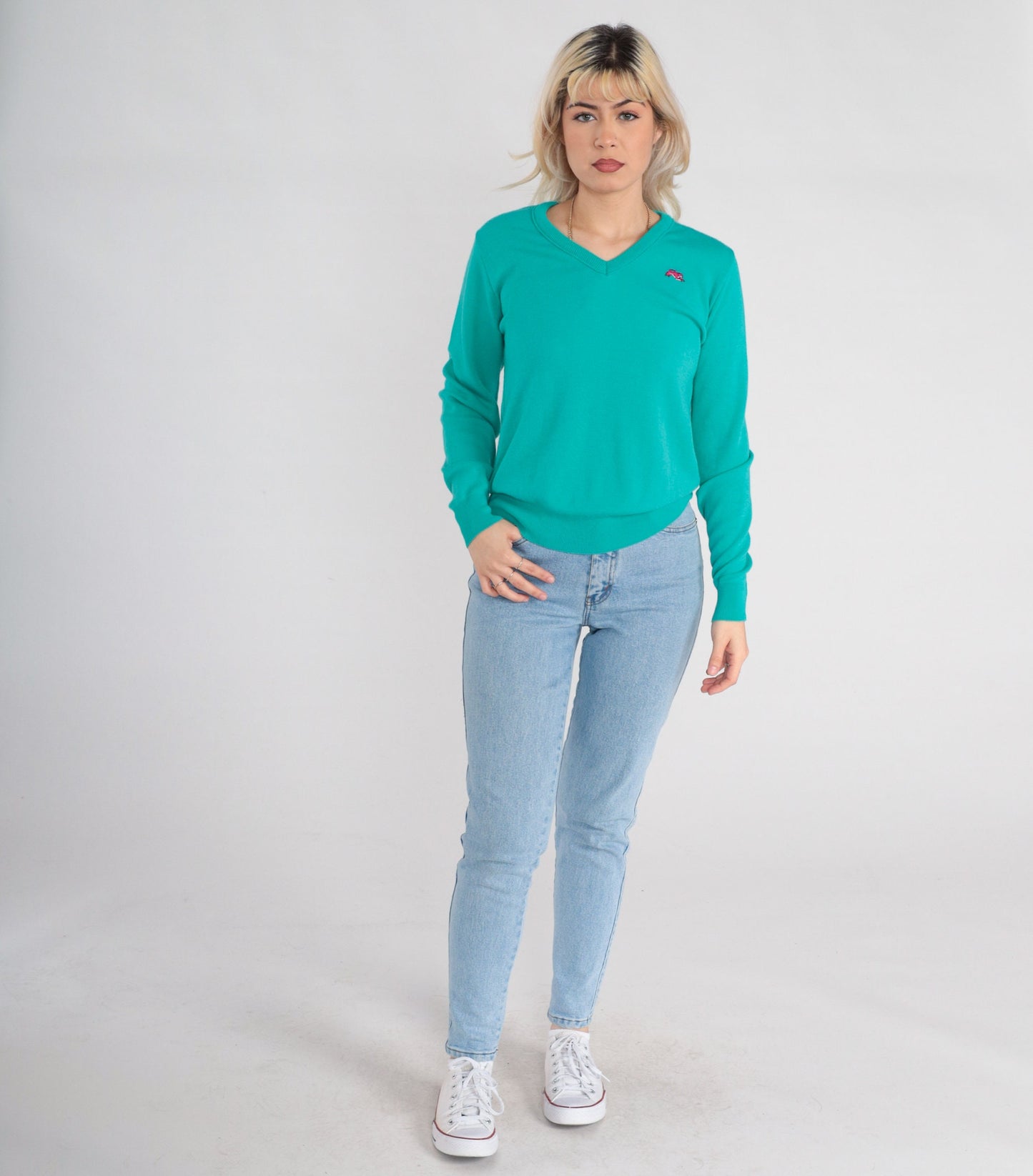 80s Garan Cat Logo V-Neck Knit Sweater Green Medium