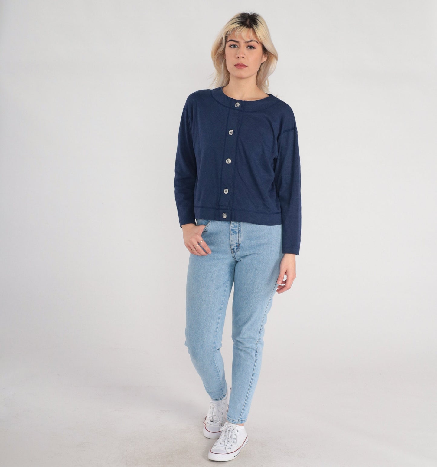 90s Navy Blue Button-Up Shirt Long Sleeve Cotton Blend Small S