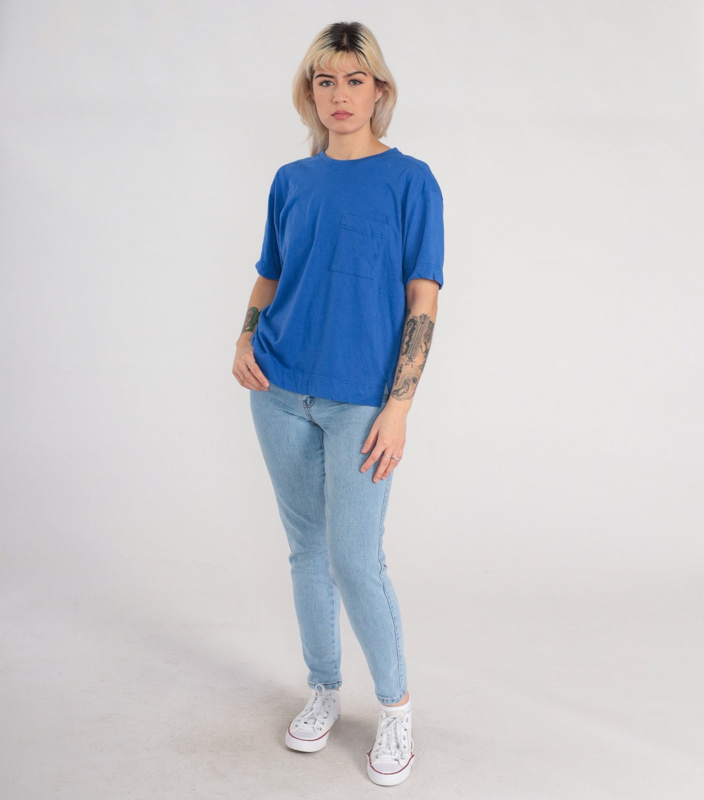 90s Blue Pocket T-Shirt Cotton Blend Short Sleeve Tee Side Slits Large L