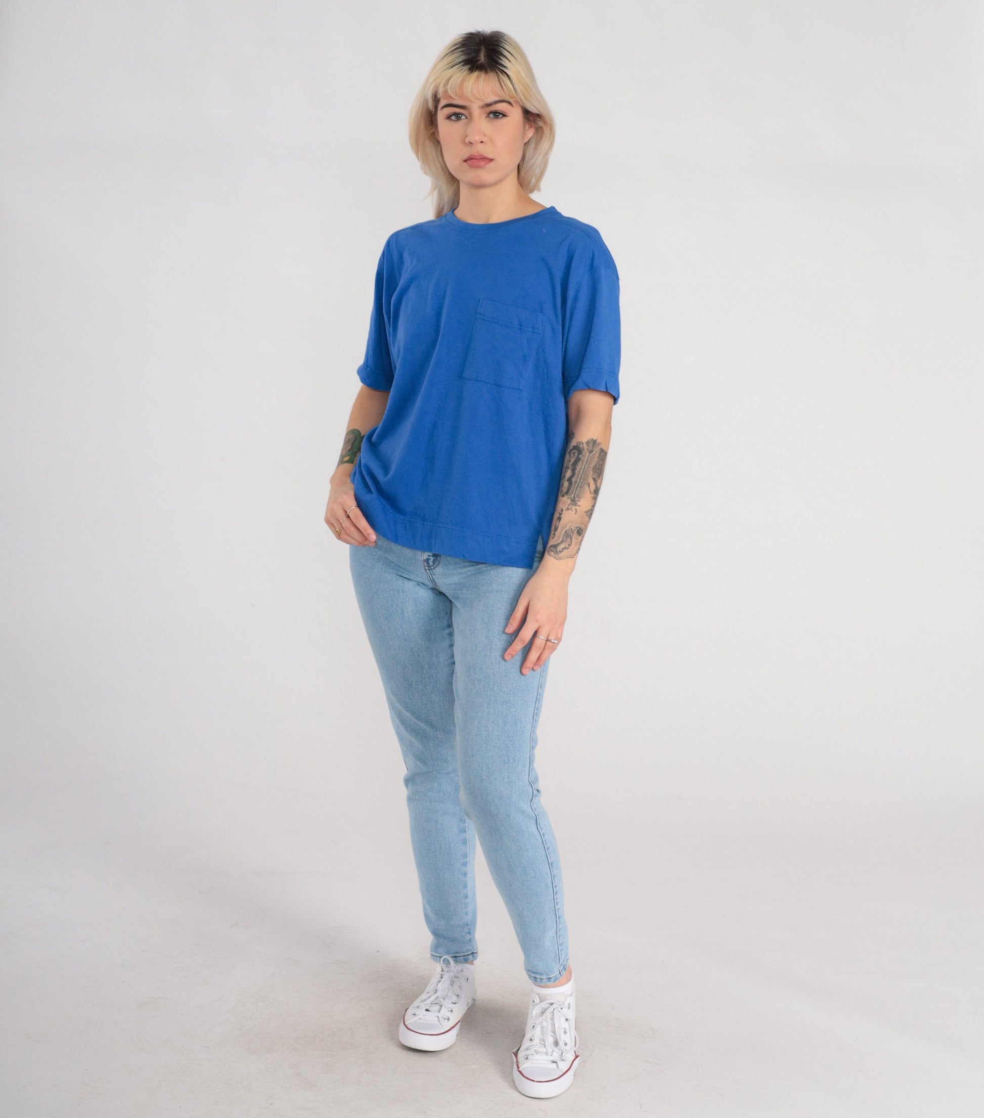 90s Blue Pocket T-Shirt Cotton Blend Short Sleeve Tee Side Slits Large L
