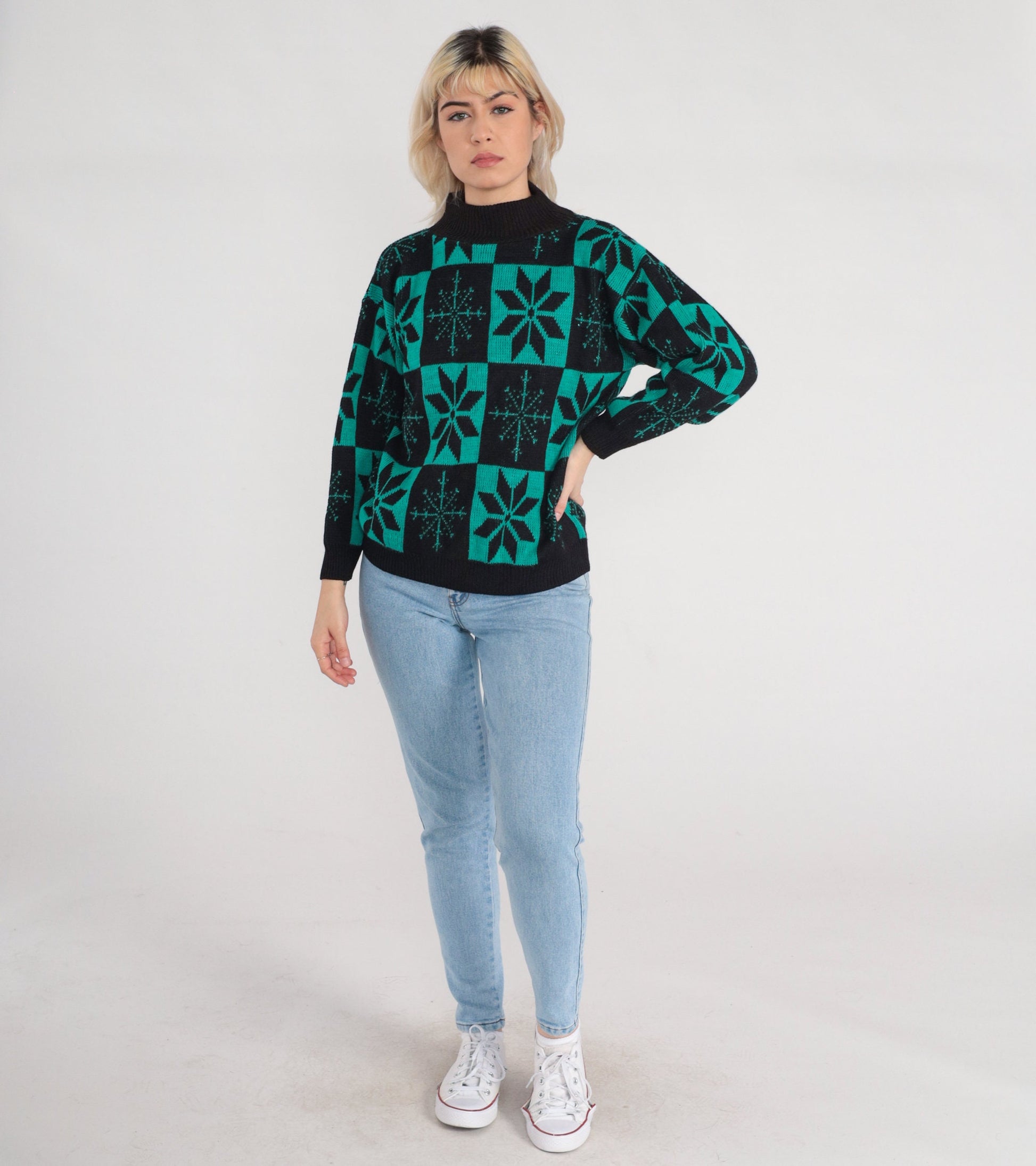 80s Snowflake Mock Neck Sweater Black Green Checkered Knit Pullover Small
