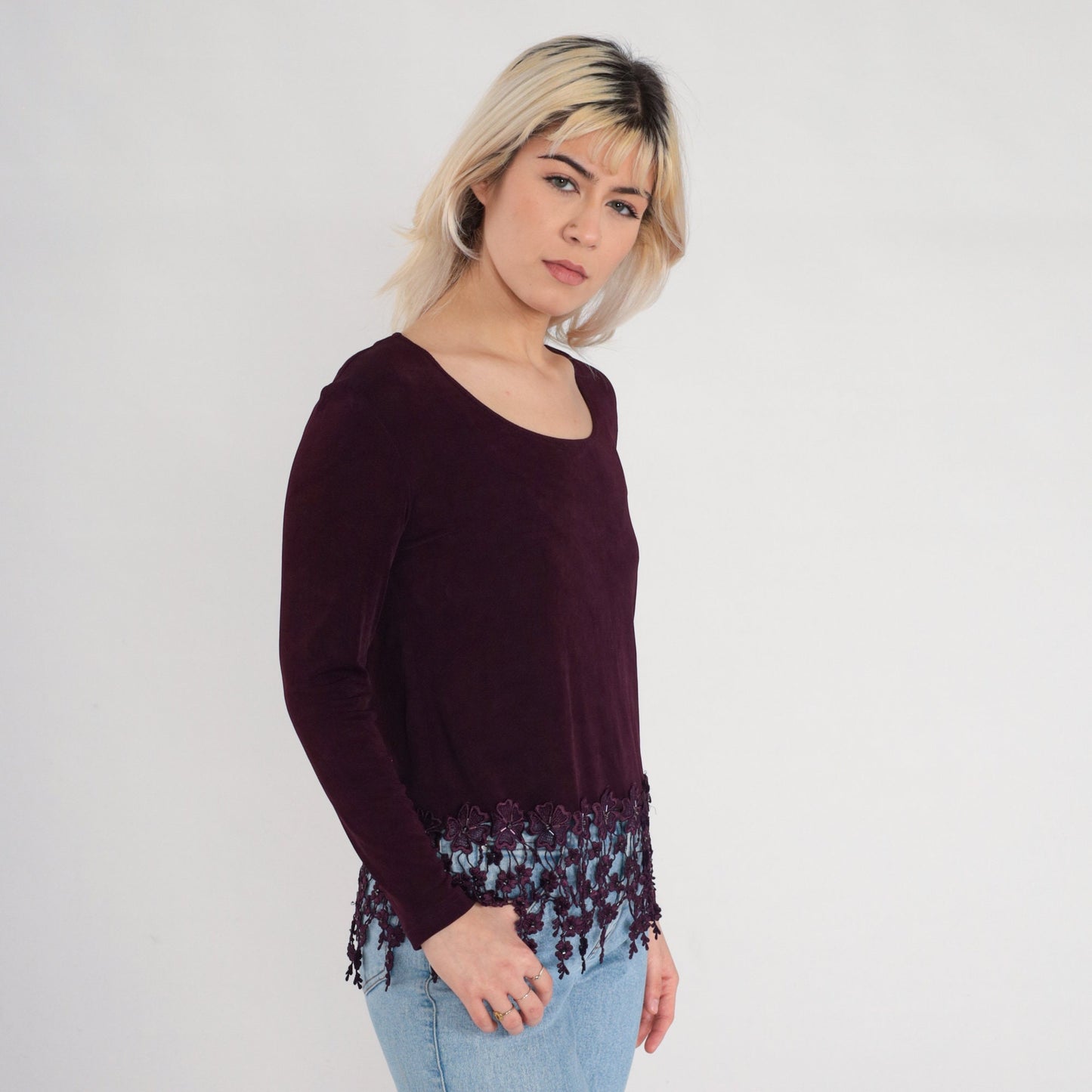 90s Rabbit Rabbit Rabbit Dark Maroon Blouse Crochet Floral Trim Scoop Neck Small