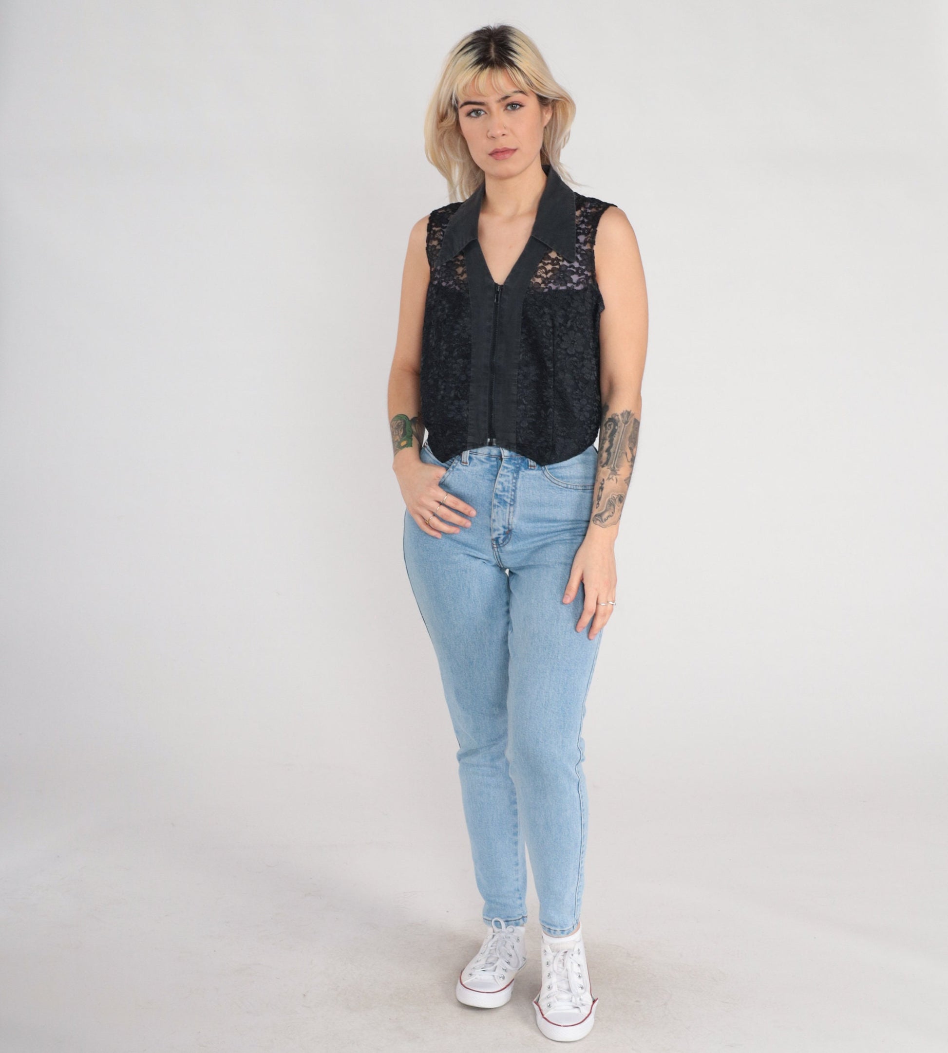 90s Black Lace Floral Vest Sheer Zip-Up Sleeveless Top Medium
