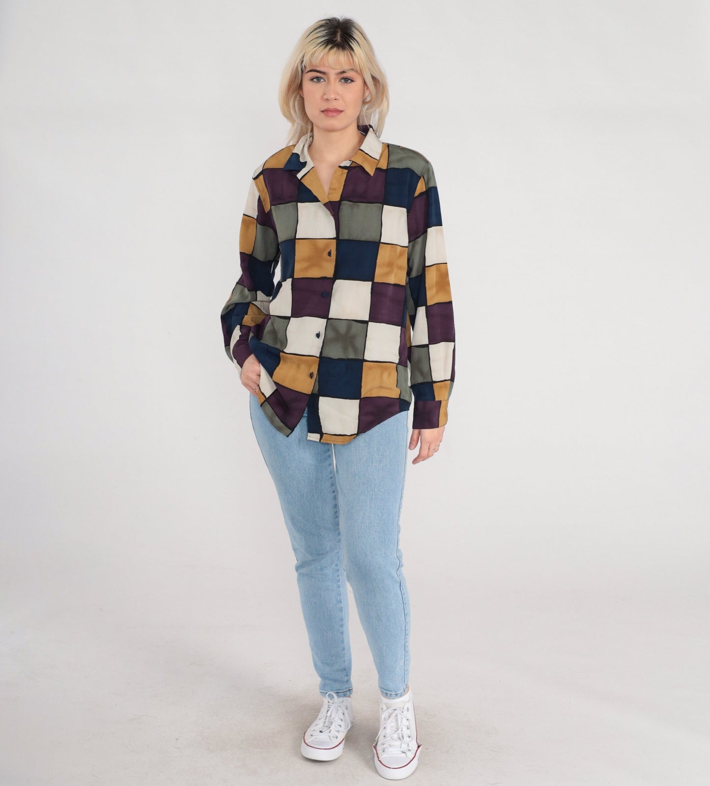 90s Checkered Button Up Blouse Multicolor Checkerboard Print Long Sleeve Medium