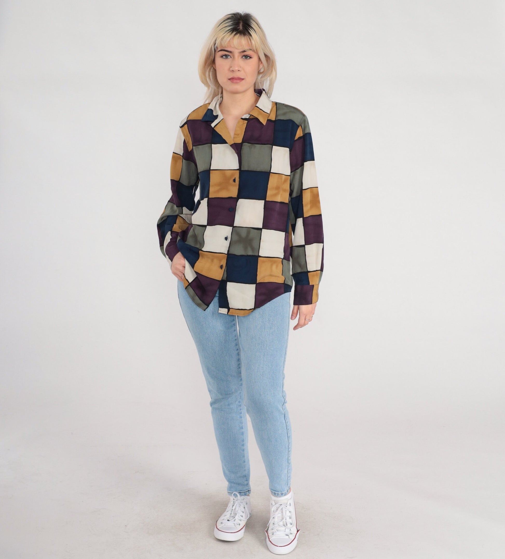 90s Checkered Button Up Blouse Multicolor Checkerboard Print Long Sleeve Medium