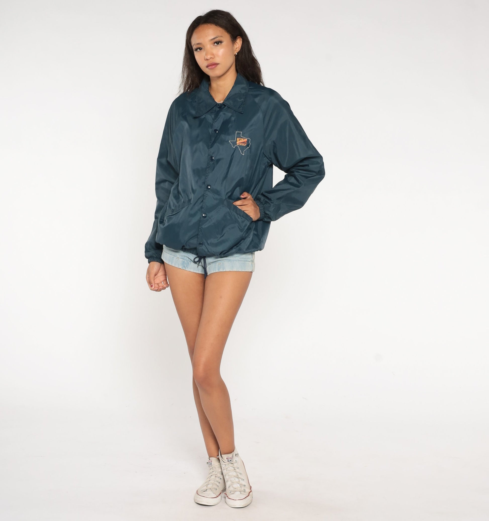 80s Zodiac Texas Map Windbreaker Navy Nylon Snap Jacket Medium