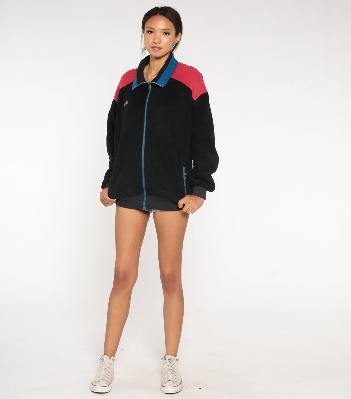 90s Columbia Black Fleece Zip Jacket Red Blue Trim Large L
