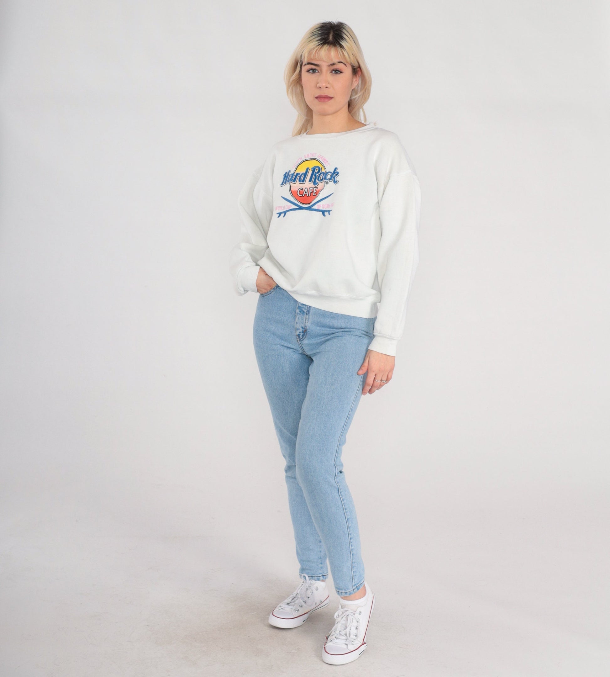 90s Hard Rock Cafe World Cup of Surfing Sweatshirt White Graphic Large L