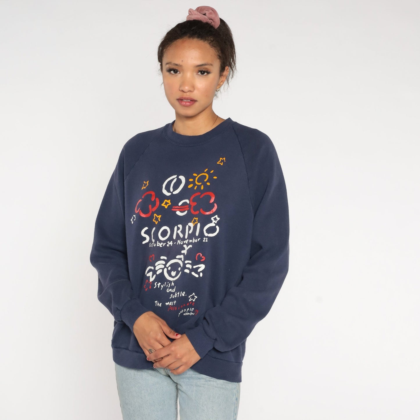 90s Ken Done Scorpio Zodiac Astrology Sweatshirt Navy Raglan Medium