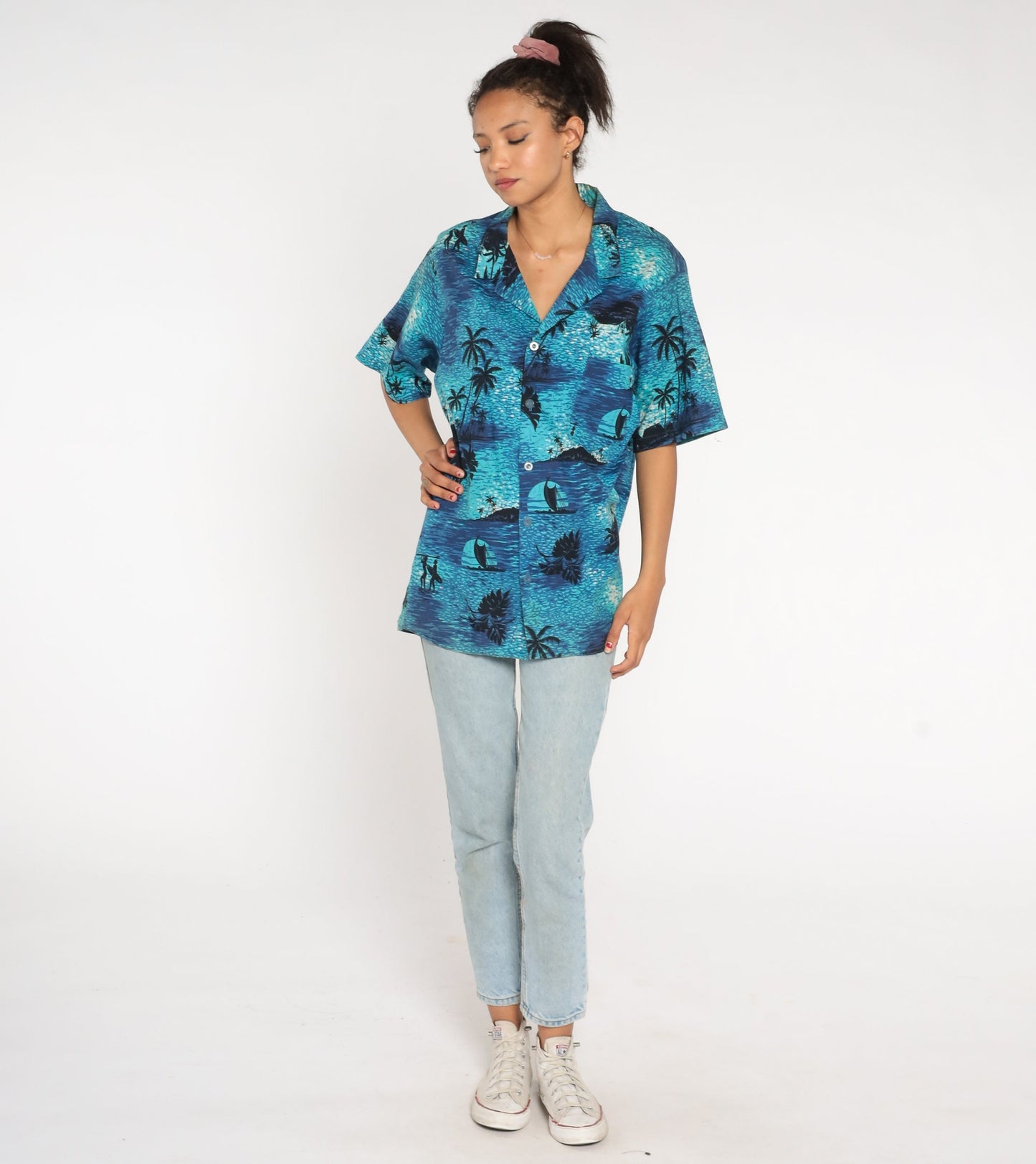 80s Tropical Surfer Shirt Blue Cotton Button Up Palm Tree Graphic Extra Large