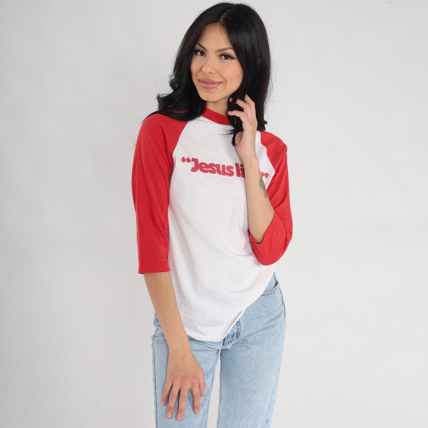 80s Jesus Lives Ringer Tee Raglan Sleeve White Red Graphic Small