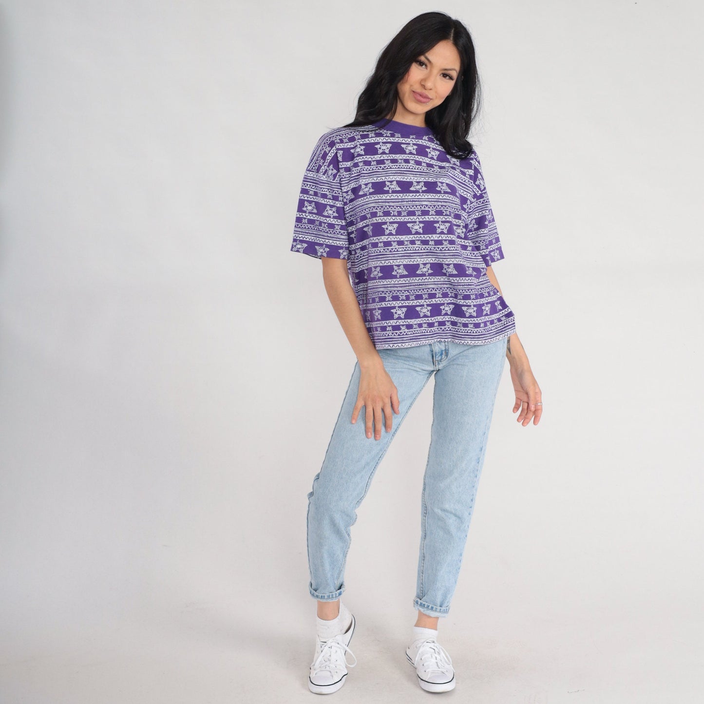 90s Pro Spirit Purple Striped Floral T-Shirt Geometric Print Petite Large