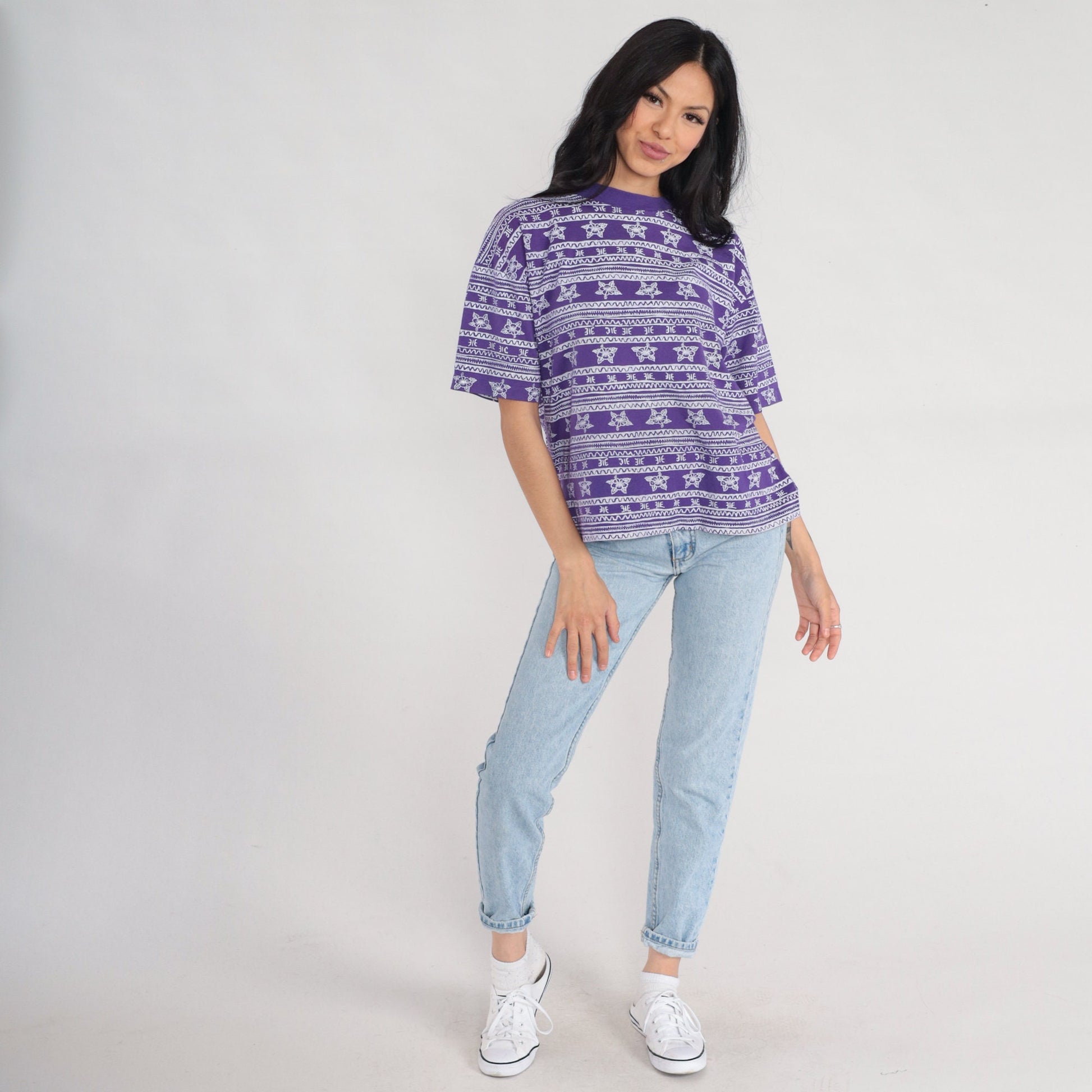 90s Pro Spirit Purple Striped Floral T-Shirt Geometric Print Petite Large