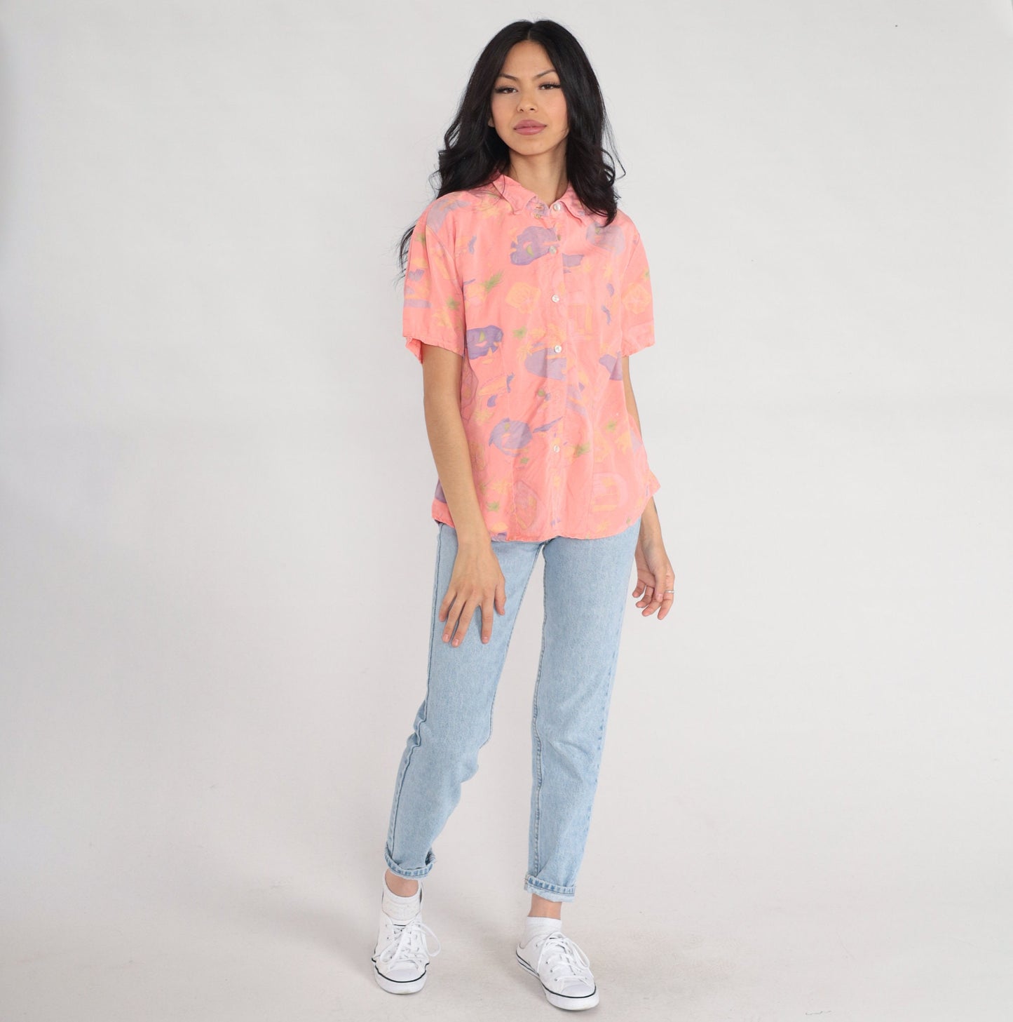 Y2K Fresh Produce Tropical Floral Pink Button-Up Shirt Short Sleeve Large L