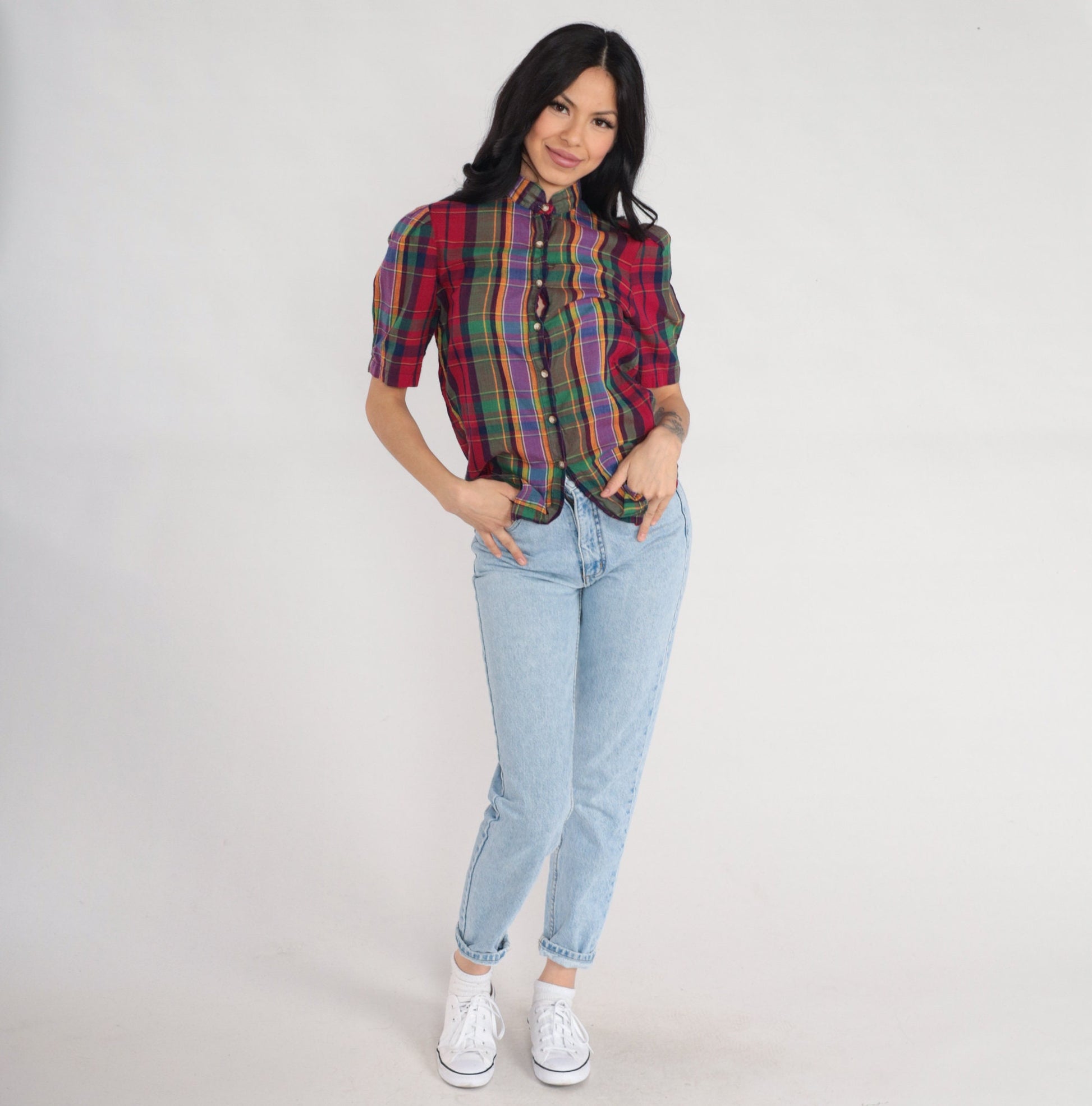 80s The Villager Checkered Blouse Puff Sleeve Button Up Red Green Purple Extra Small XS