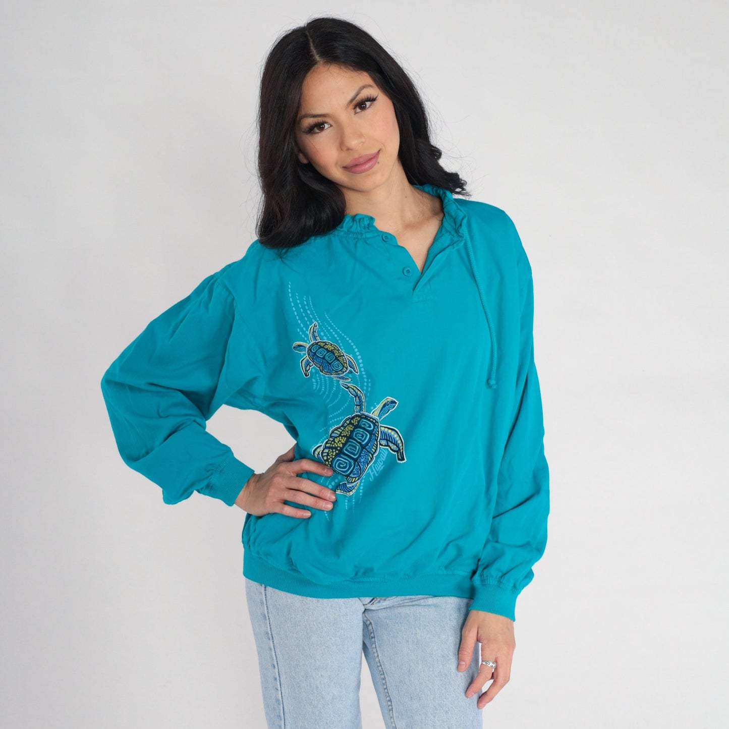 00s Crazy Shirts Turtle Print Long Sleeve Drawstring Neckline Turquoise Cotton Small S