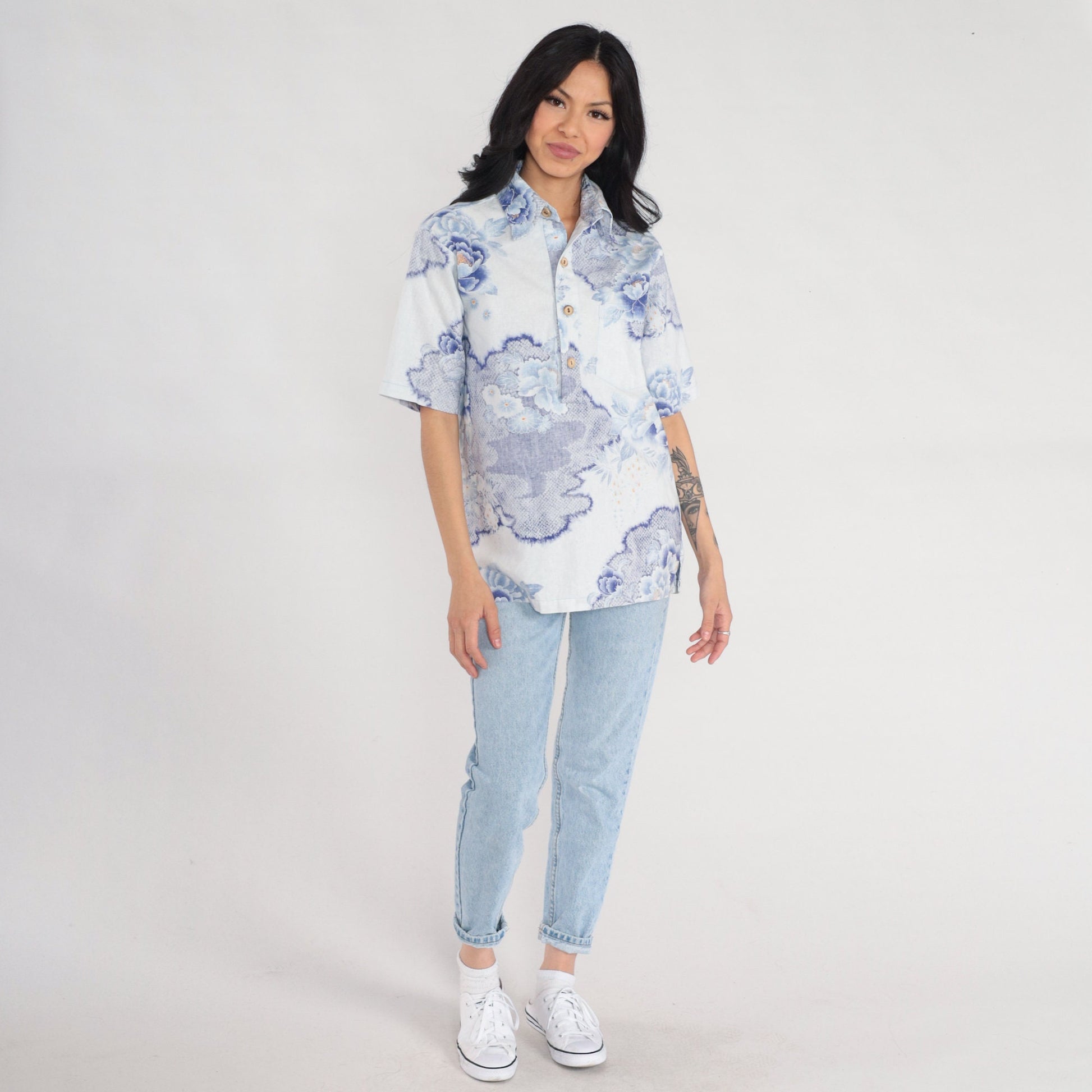 70s Surfline Hawaii Floral Shirt Men's Blue Lotus Print Polo Medium