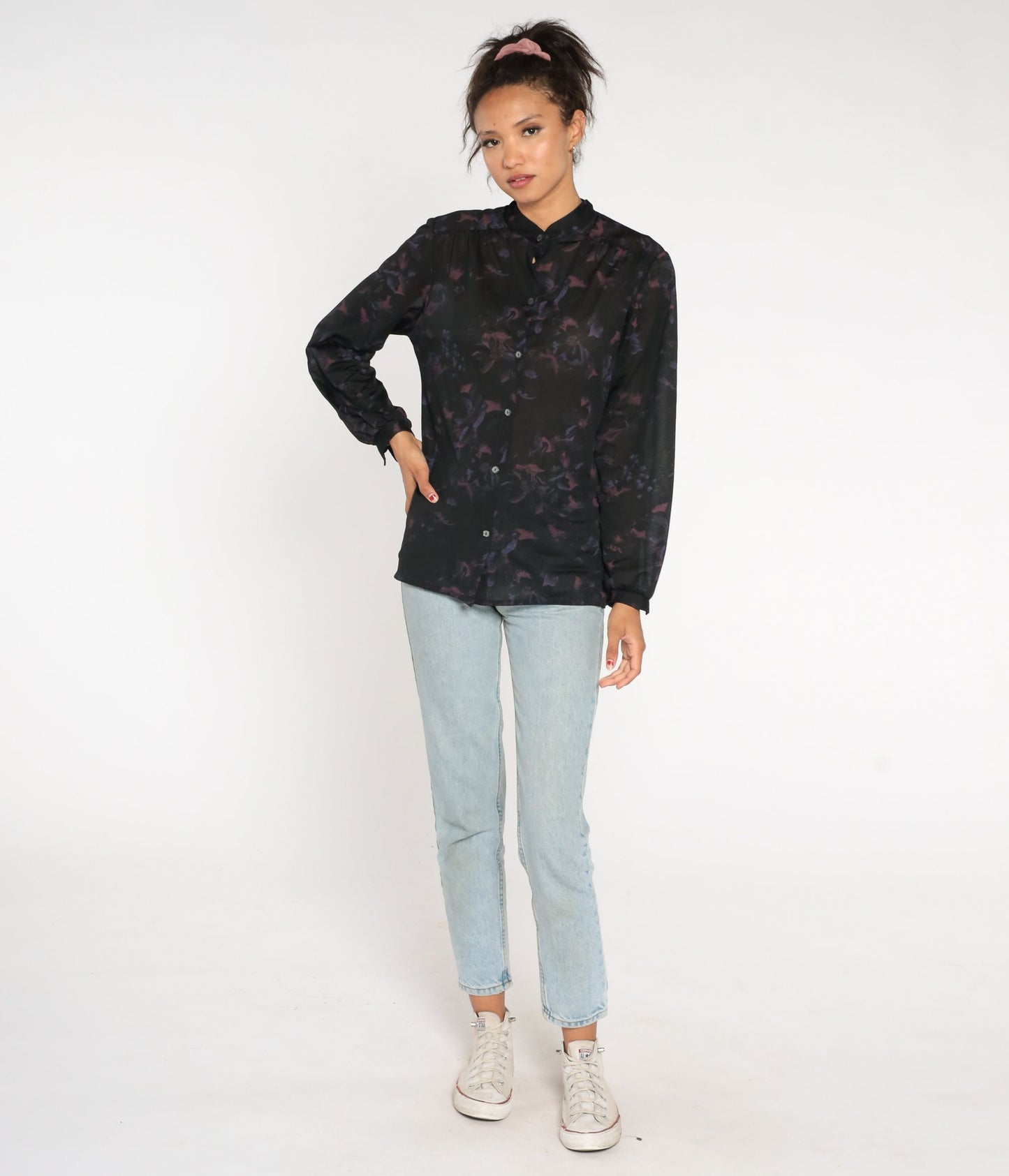 70s Black Floral Button-Up Blouse Long Sleeve Semi-Sheer Shirt Large