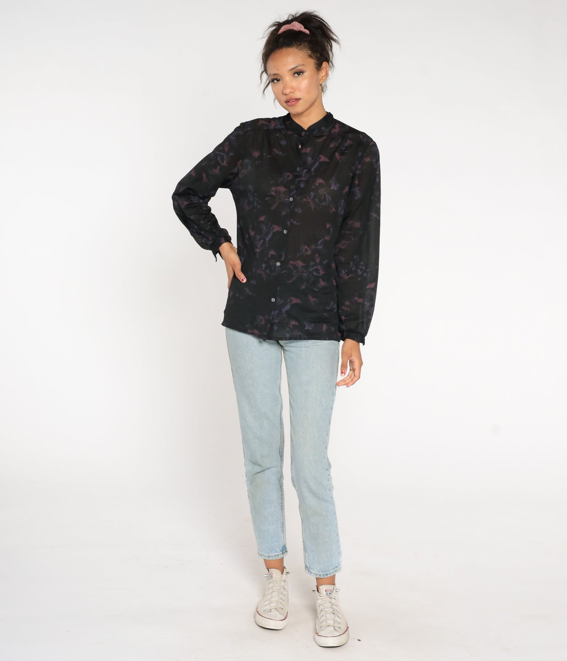 70s Black Floral Button-Up Blouse Long Sleeve Semi-Sheer Shirt Large