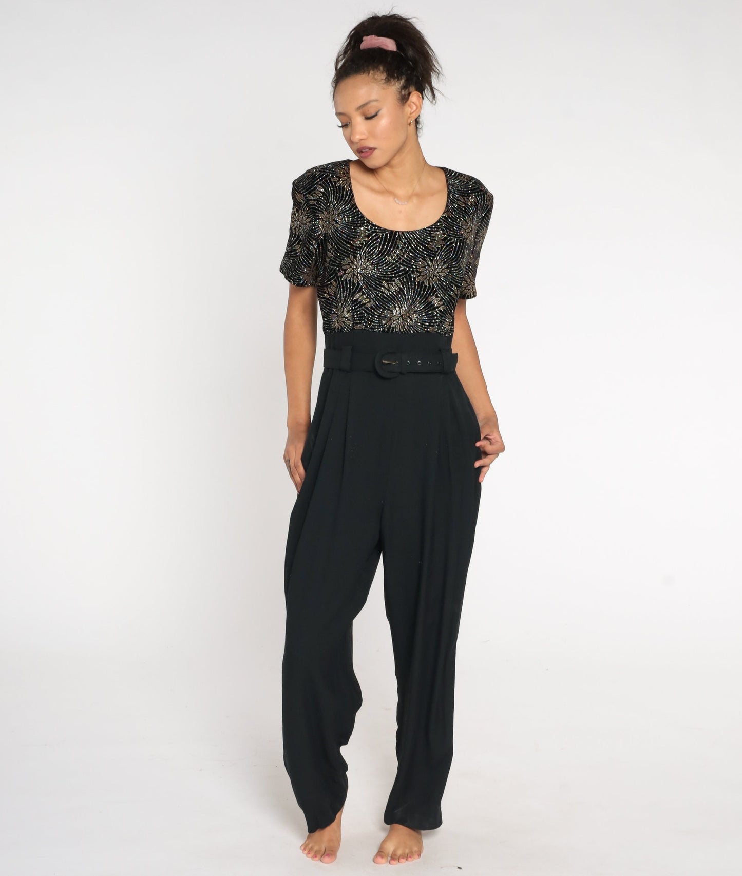 90s Black Velvet Glitter Jumpsuit High Waist Straight Leg Large