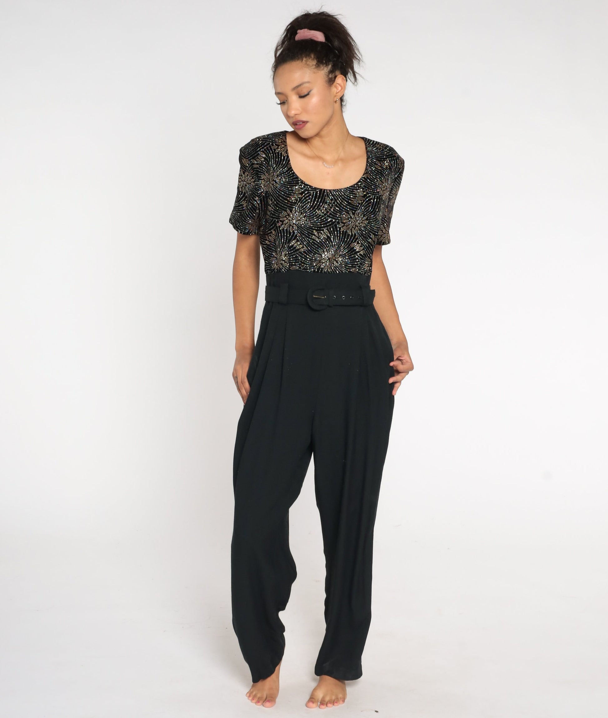 90s Black Velvet Glitter Jumpsuit High Waist Straight Leg Large
