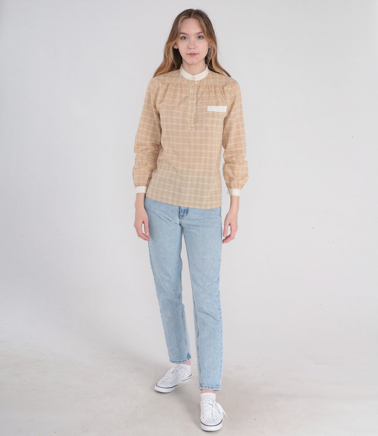 70s Plaid Half-Button Blouse Long Sleeve Checkered Shirt Tan White Small