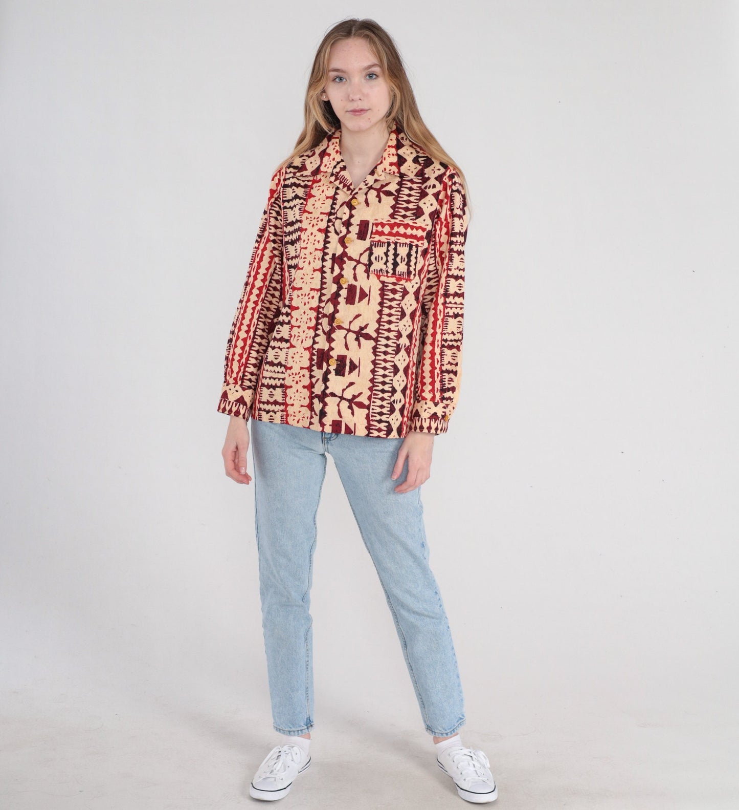 90s Batik Fish Stamp Print Button-Up Shirt Tan Red Long Sleeve Medium