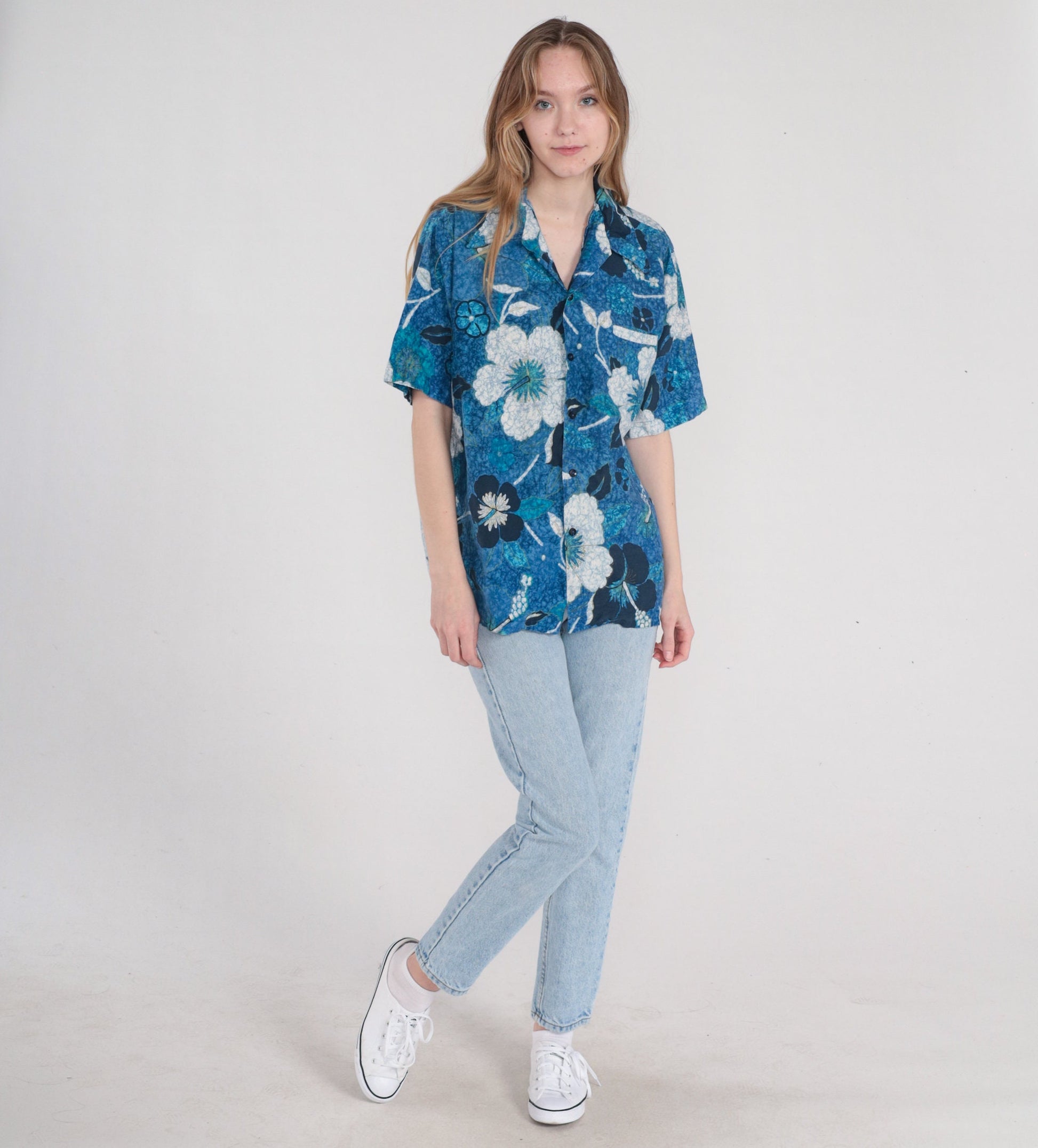 90s Blue Hawaiian Shirt Tropical Floral Leaf Print Cotton Button Up Large