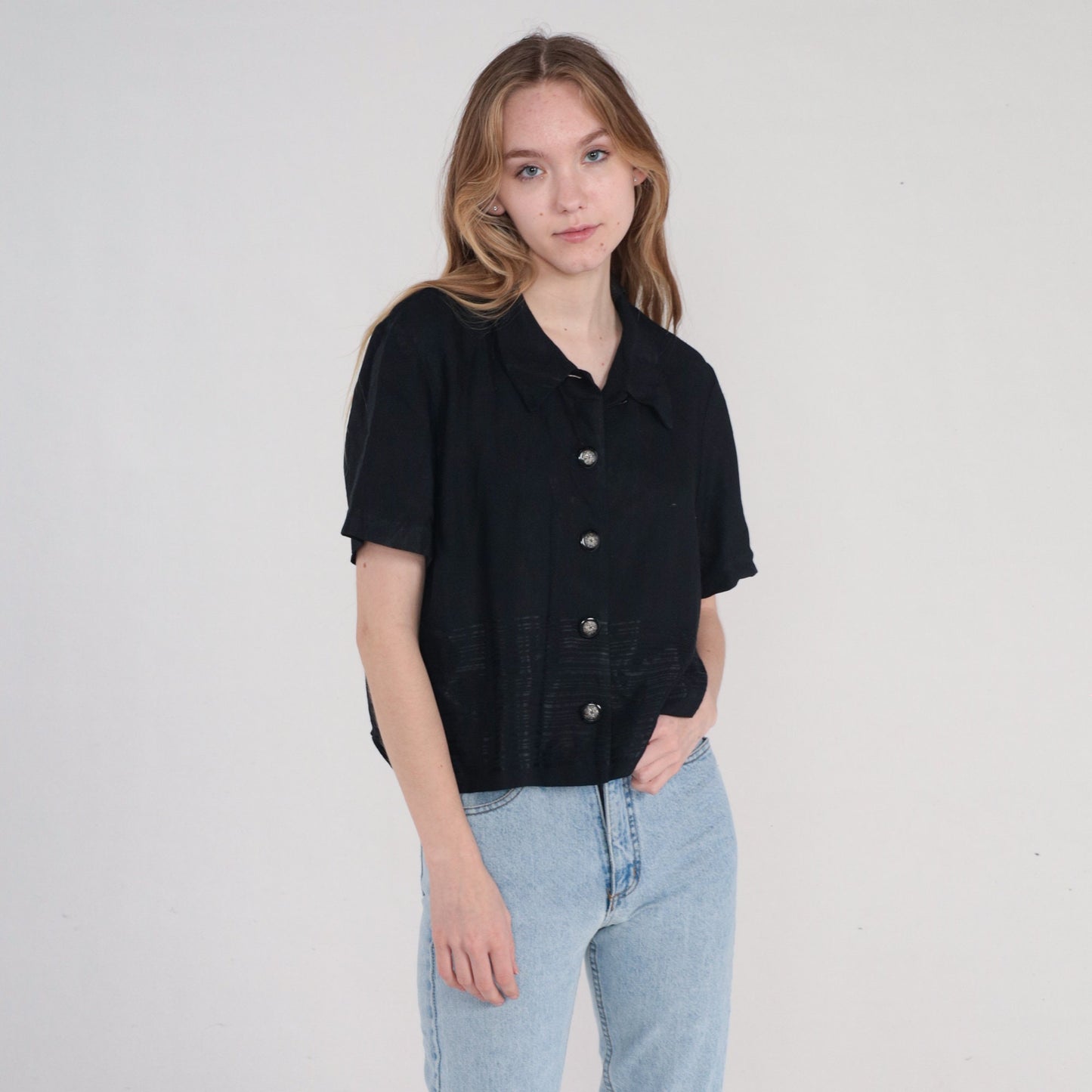 90s Black Button-Up Blouse Shiny Striped Short Sleeve Large L