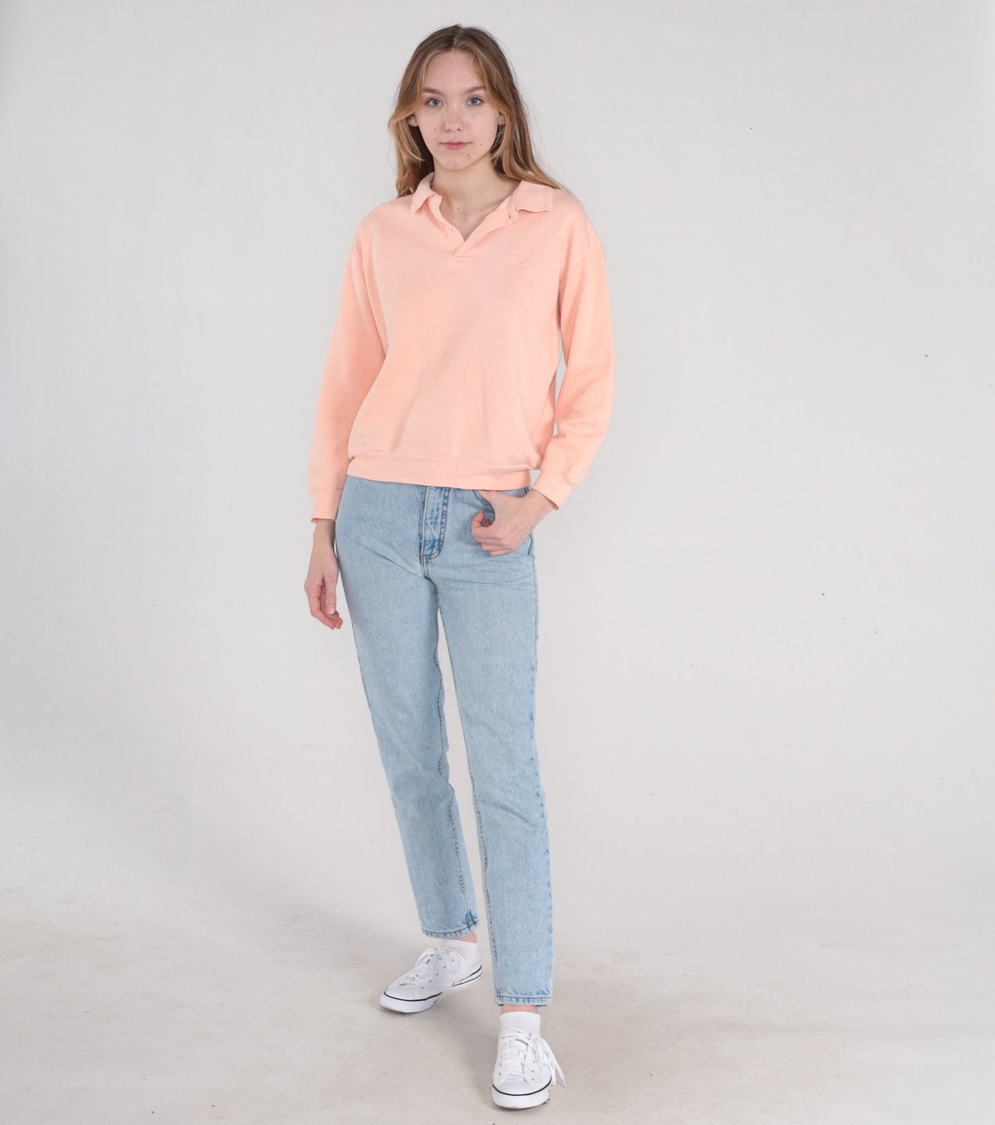 90s Polo Collared Sweatshirt Peachy Pink Embroidered Crest Medium