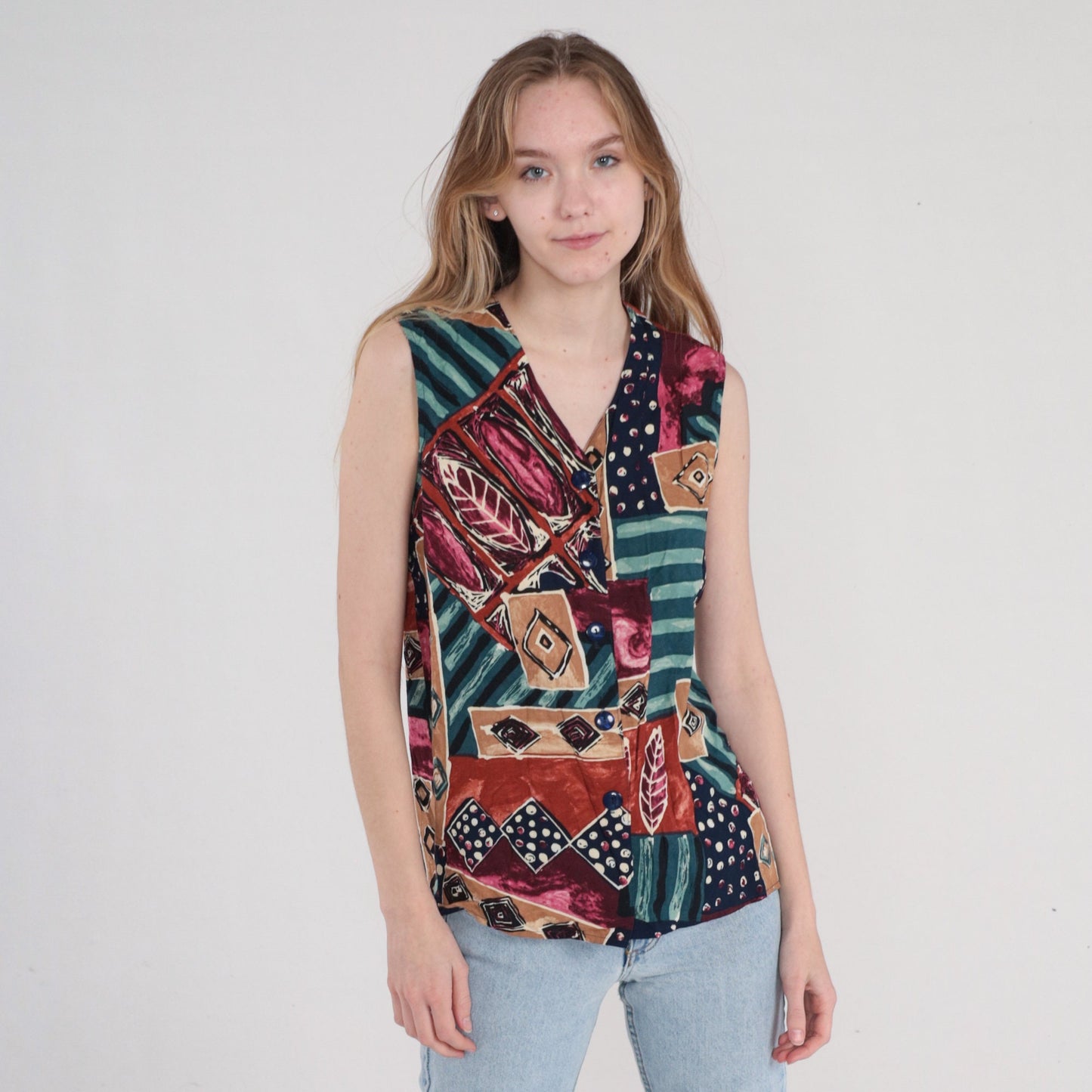 90s Abstract Print Button-Up Tank Top Sleeveless Blouse Medium