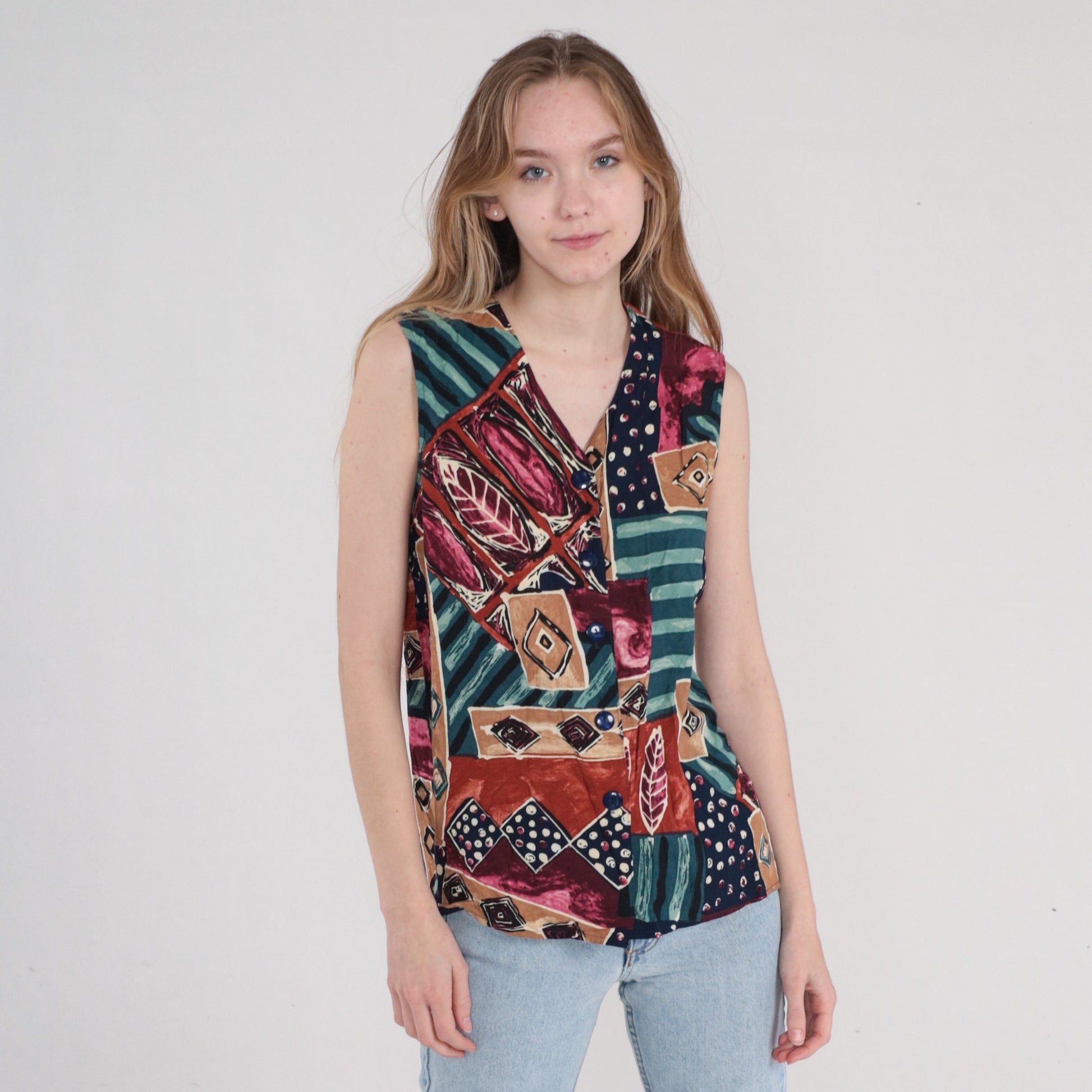 90s Abstract Print Button-Up Tank Top Sleeveless Blouse Medium